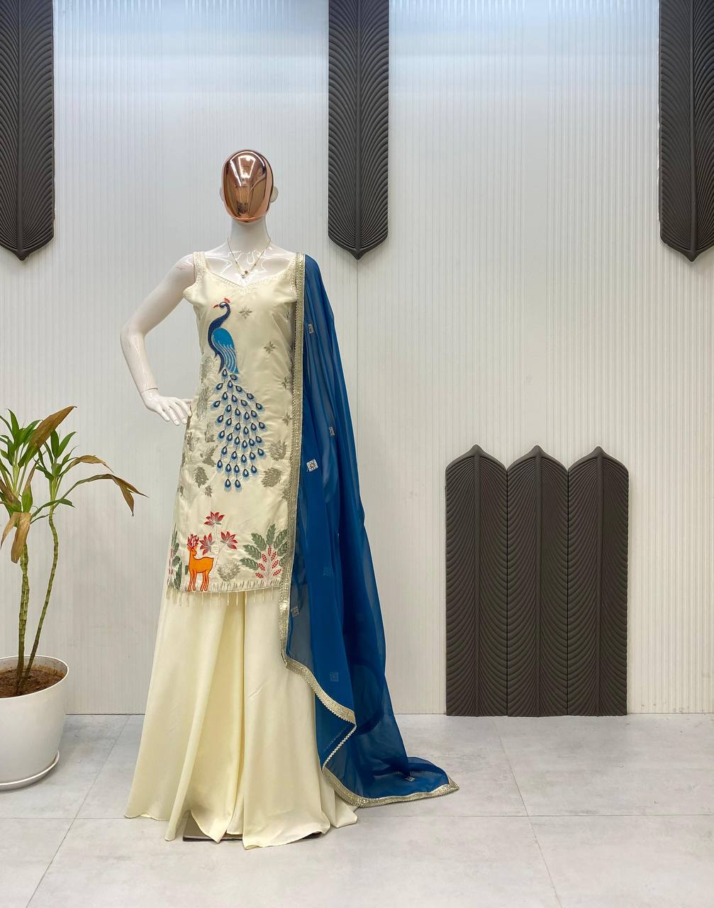 Lovely White French Crepe Embroidery Sharara Suit