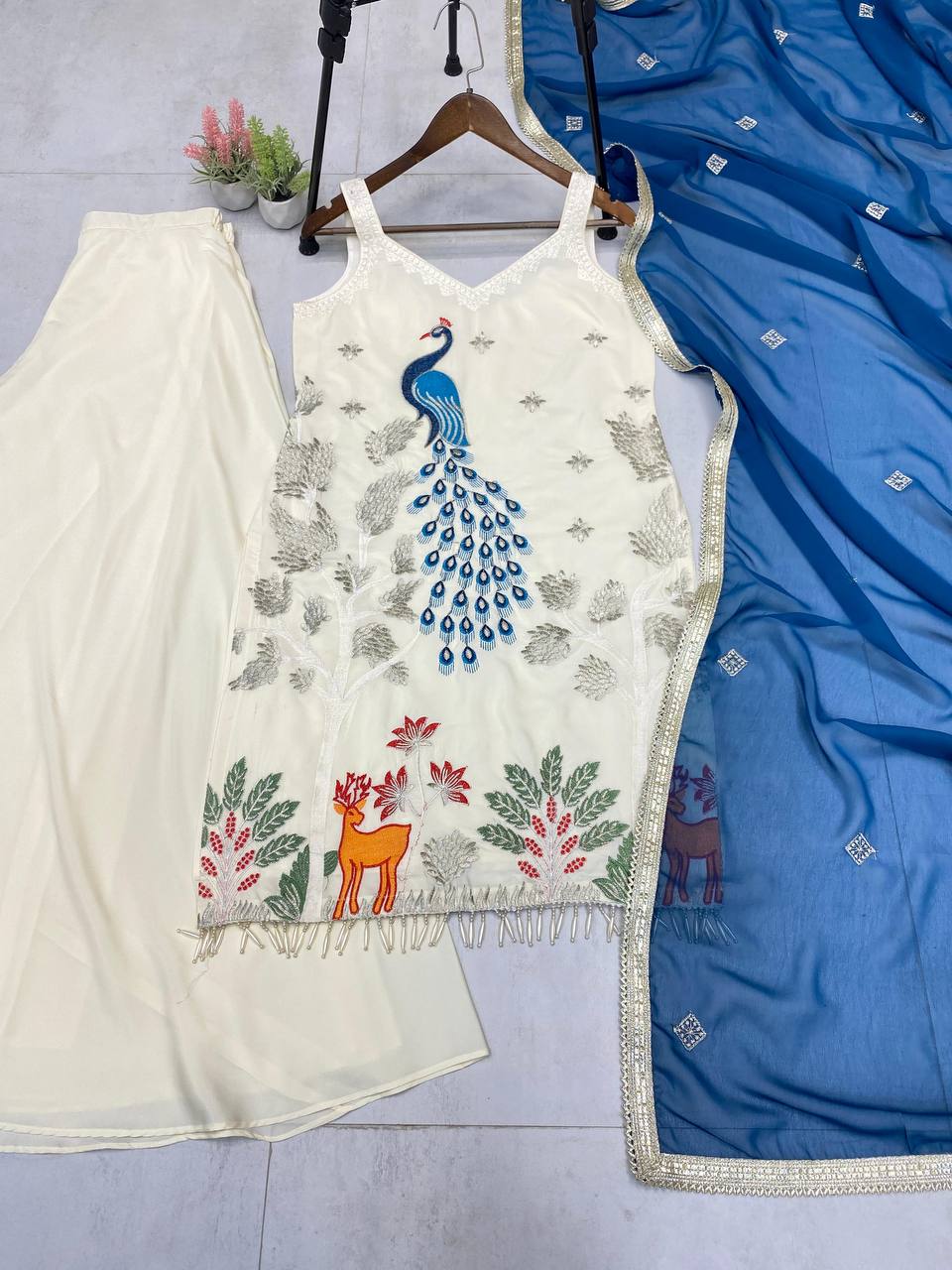 Lovely White French Crepe Embroidery Sharara Suit