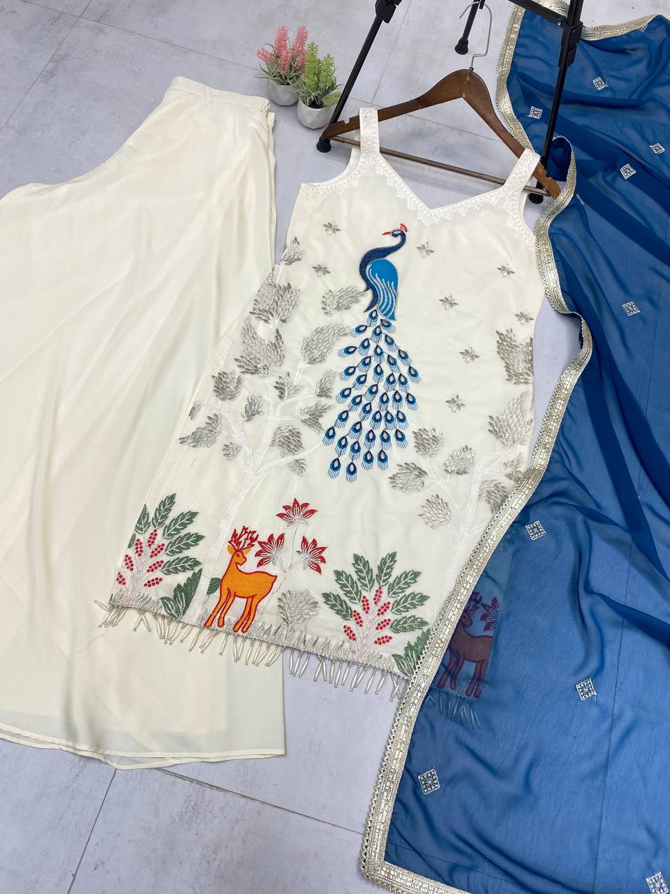 Lovely White French Crepe Embroidery Sharara Suit