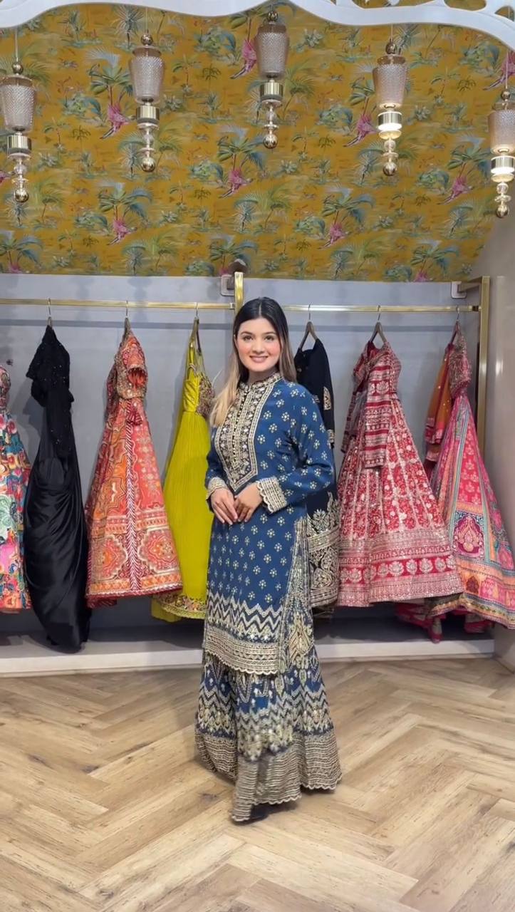 Wonderful Blue Color Diamond Work Sharara Suit