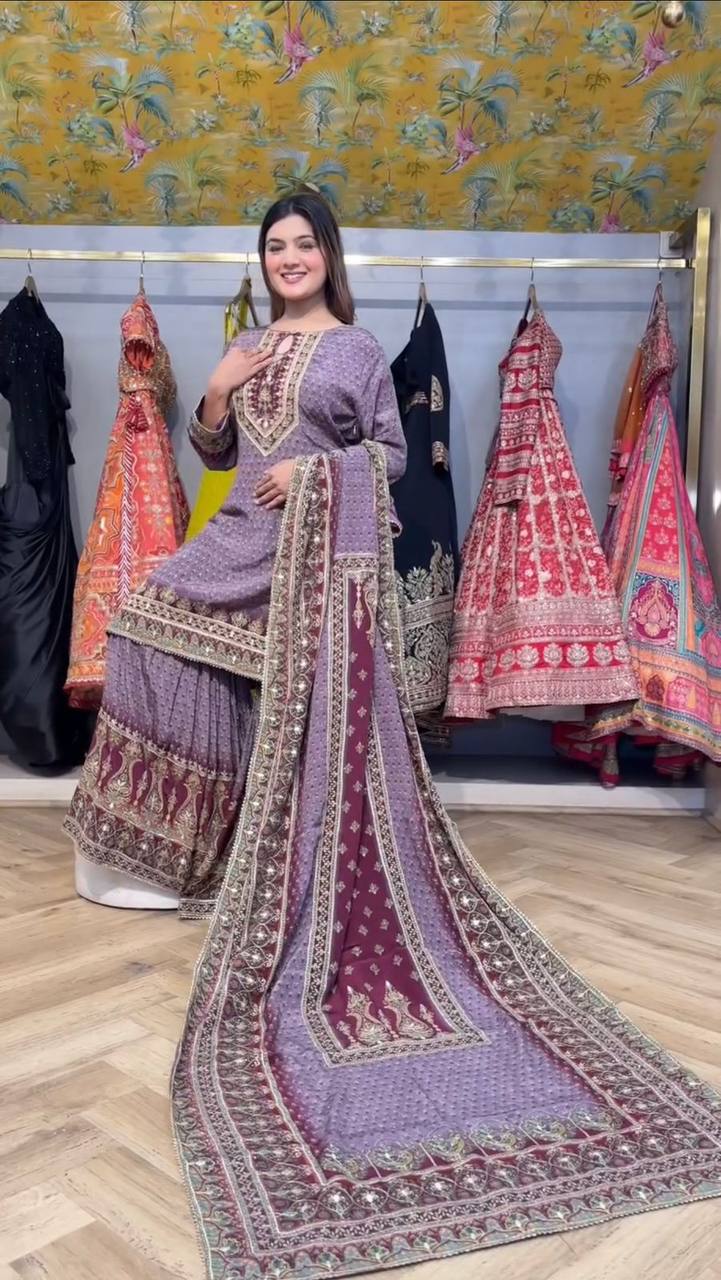 Wonderful Blue Color Diamond Work Sharara Suit