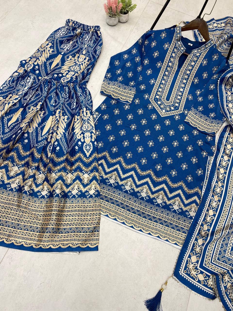 Wonderful Blue Color Diamond Work Sharara Suit