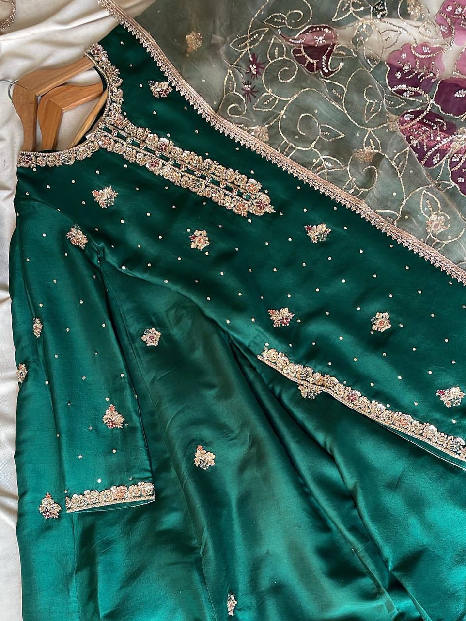 Exclusive Green Color Sequence Work Sharara Suit