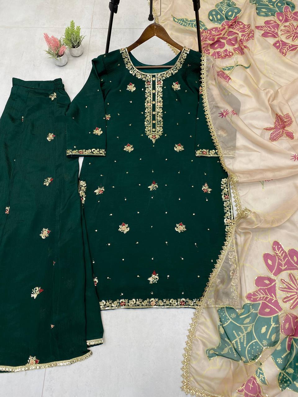 Exclusive Green Color Sequence Work Sharara Suit