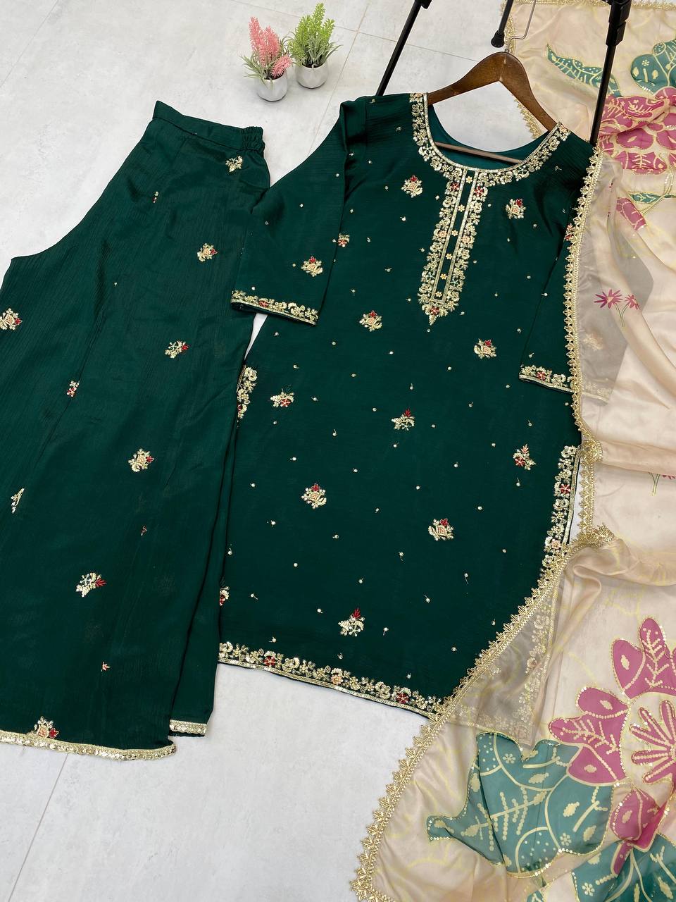 Exclusive Green Color Sequence Work Sharara Suit