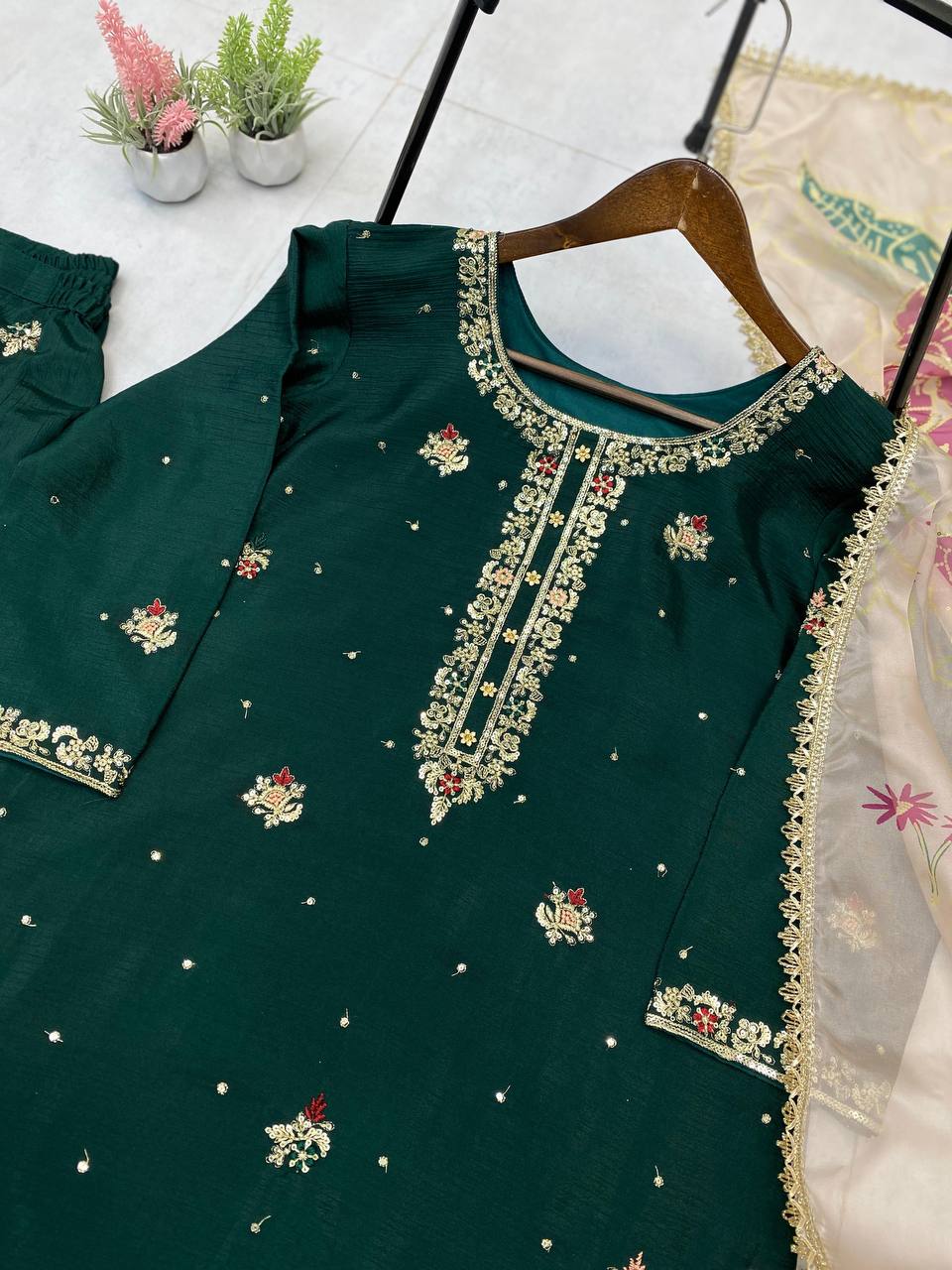 Exclusive Green Color Sequence Work Sharara Suit