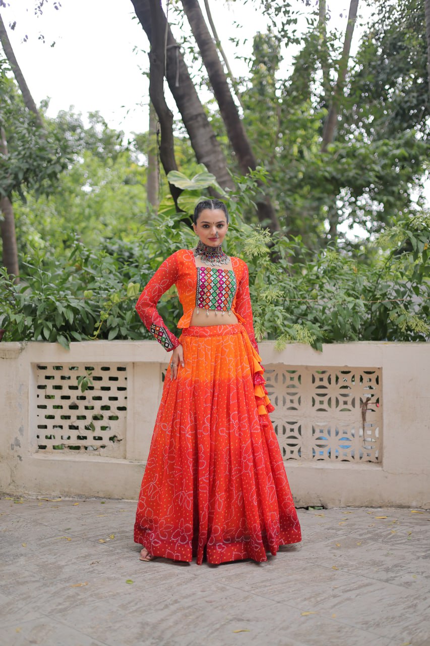 Orange Color Bandhni Print Work Lehenga For Navratri Function