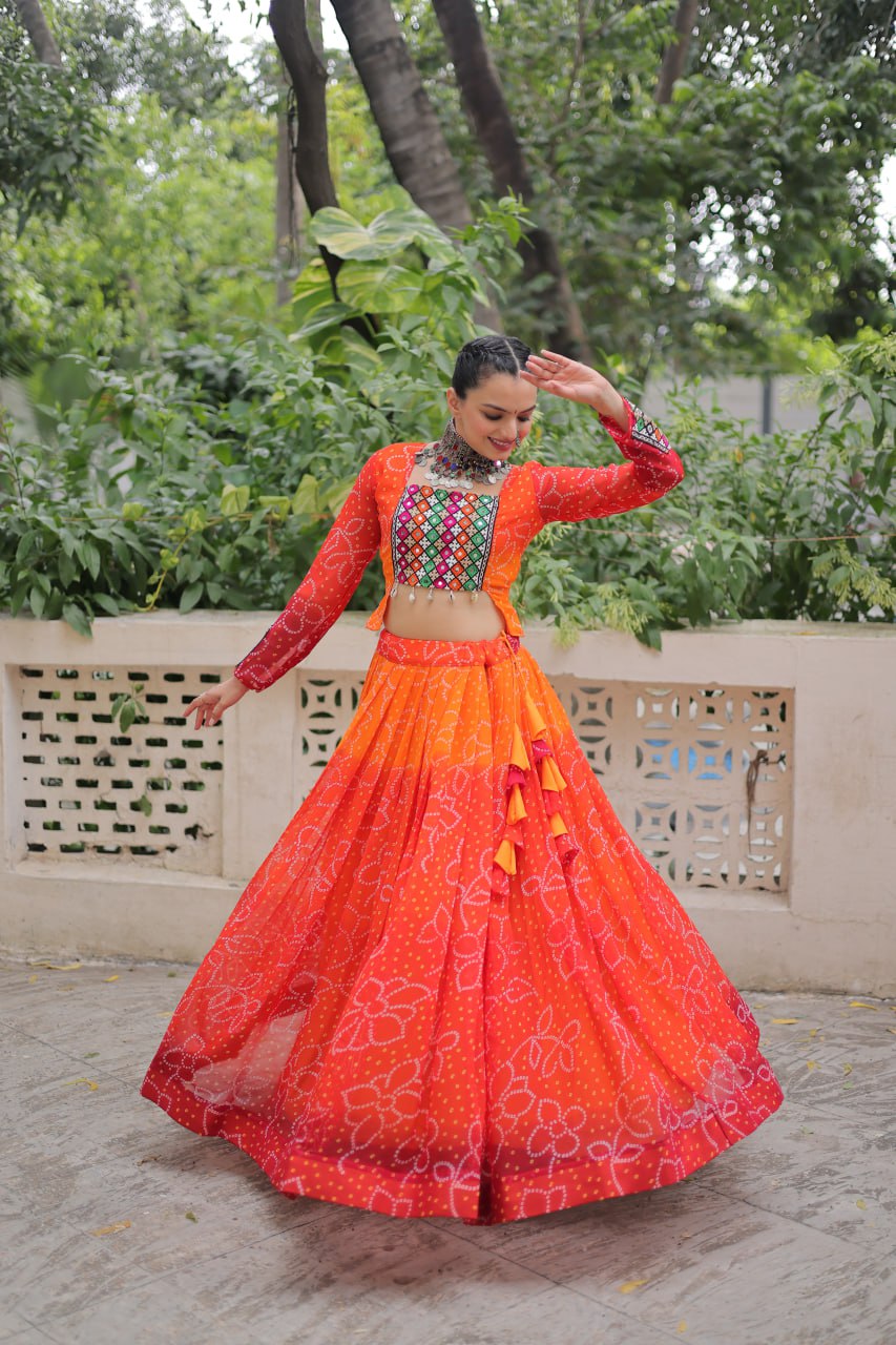 Orange Color Bandhni Print Work Lehenga For Navratri Function