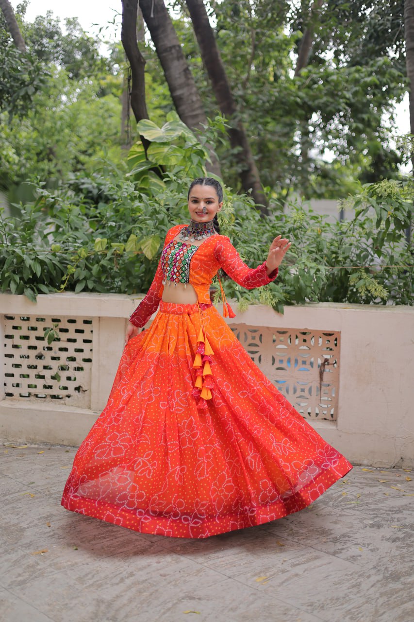 Orange Color Bandhni Print Work Lehenga For Navratri Function