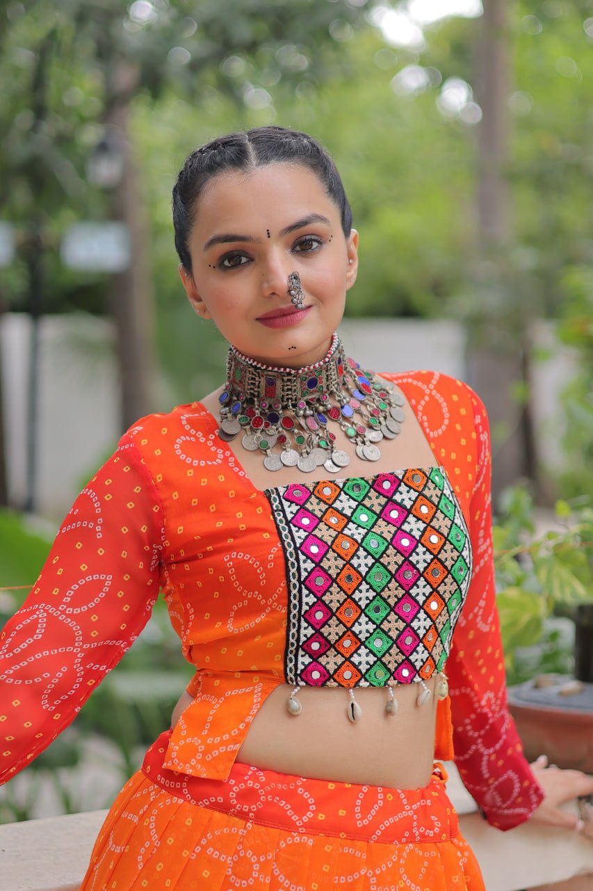 Orange Color Bandhni Print Work Lehenga For Navratri Function