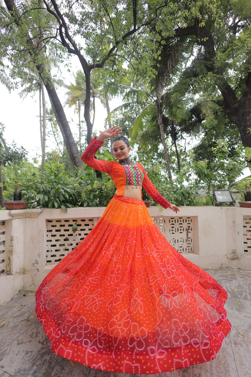 Orange Color Bandhni Print Work Lehenga For Navratri Function