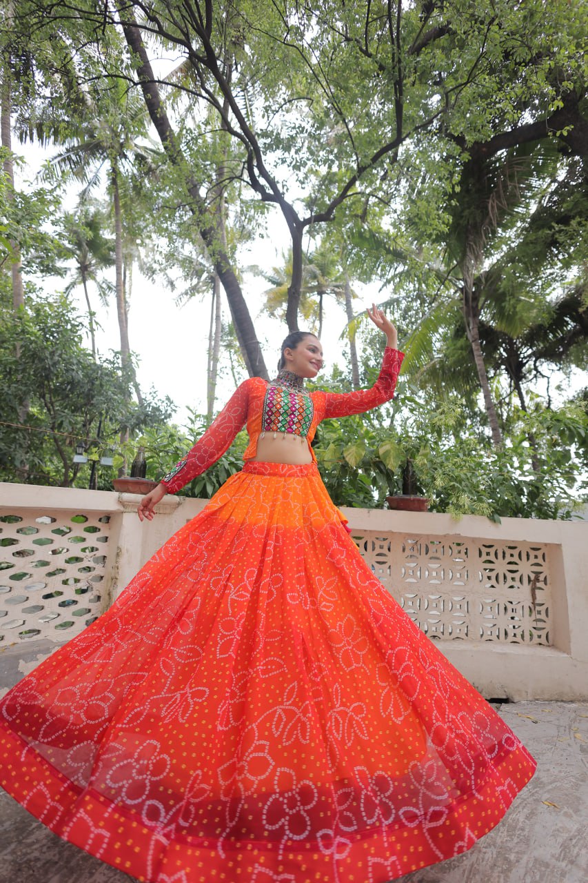 Orange Color Bandhni Print Work Lehenga For Navratri Function