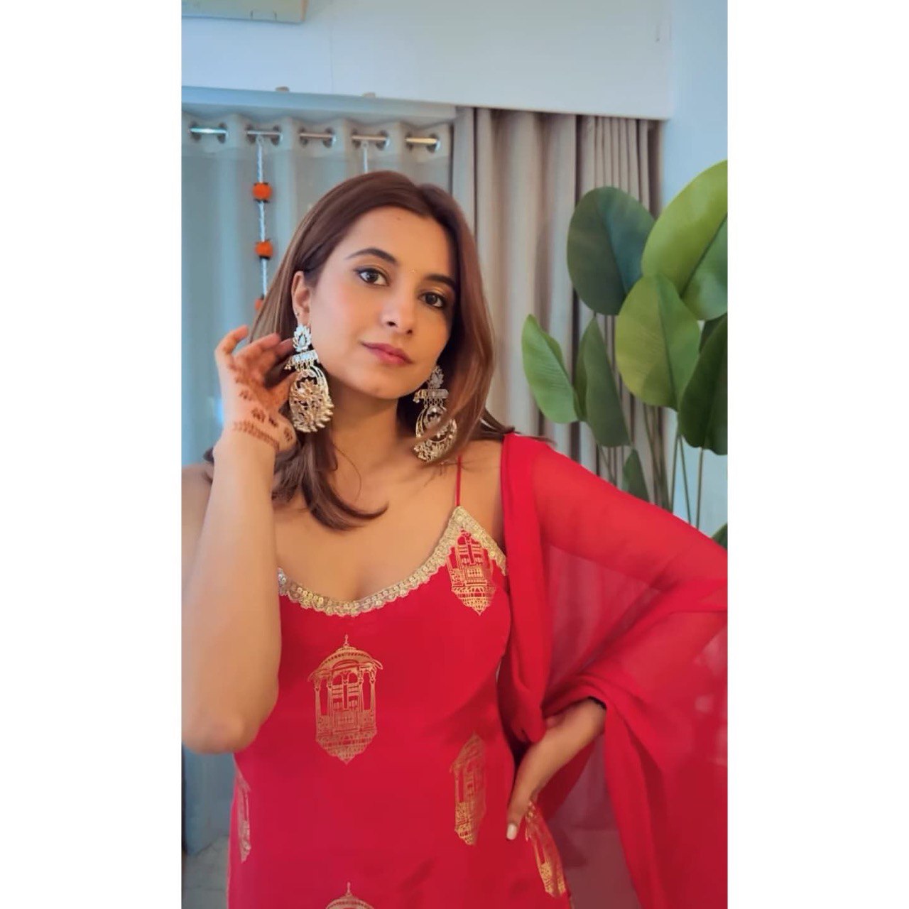 Red Color Thread Work Georgette Sharara Suit