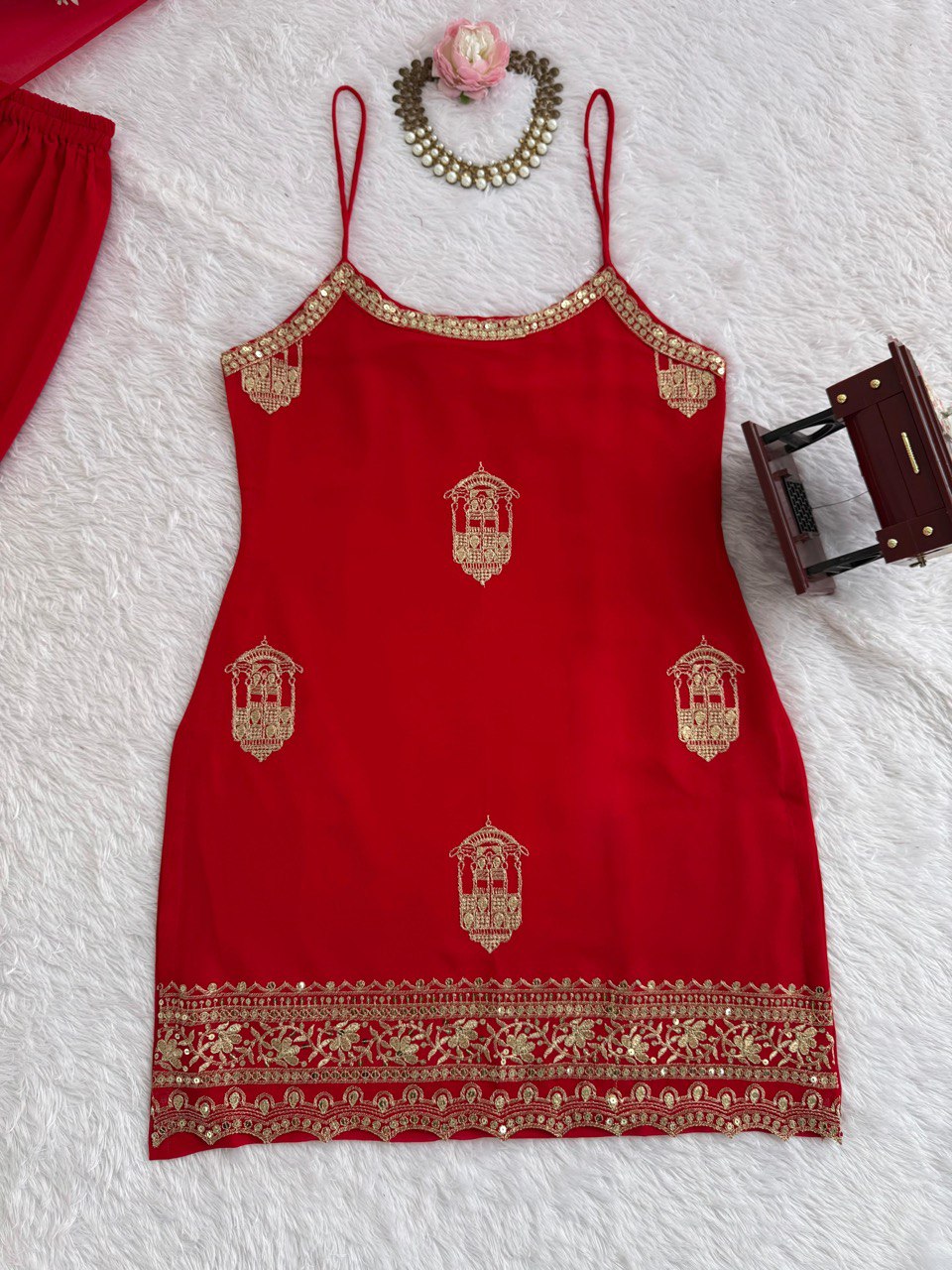 Red Color Thread Work Georgette Sharara Suit
