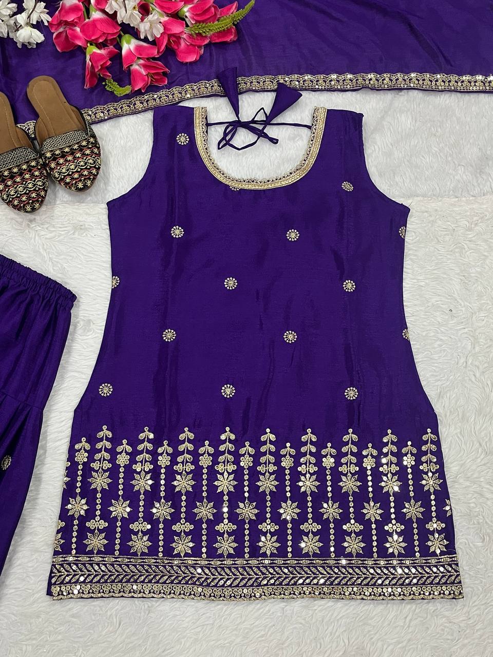 Exclusive Purple Color Embroidery Sequence Work Dhoti Suit
