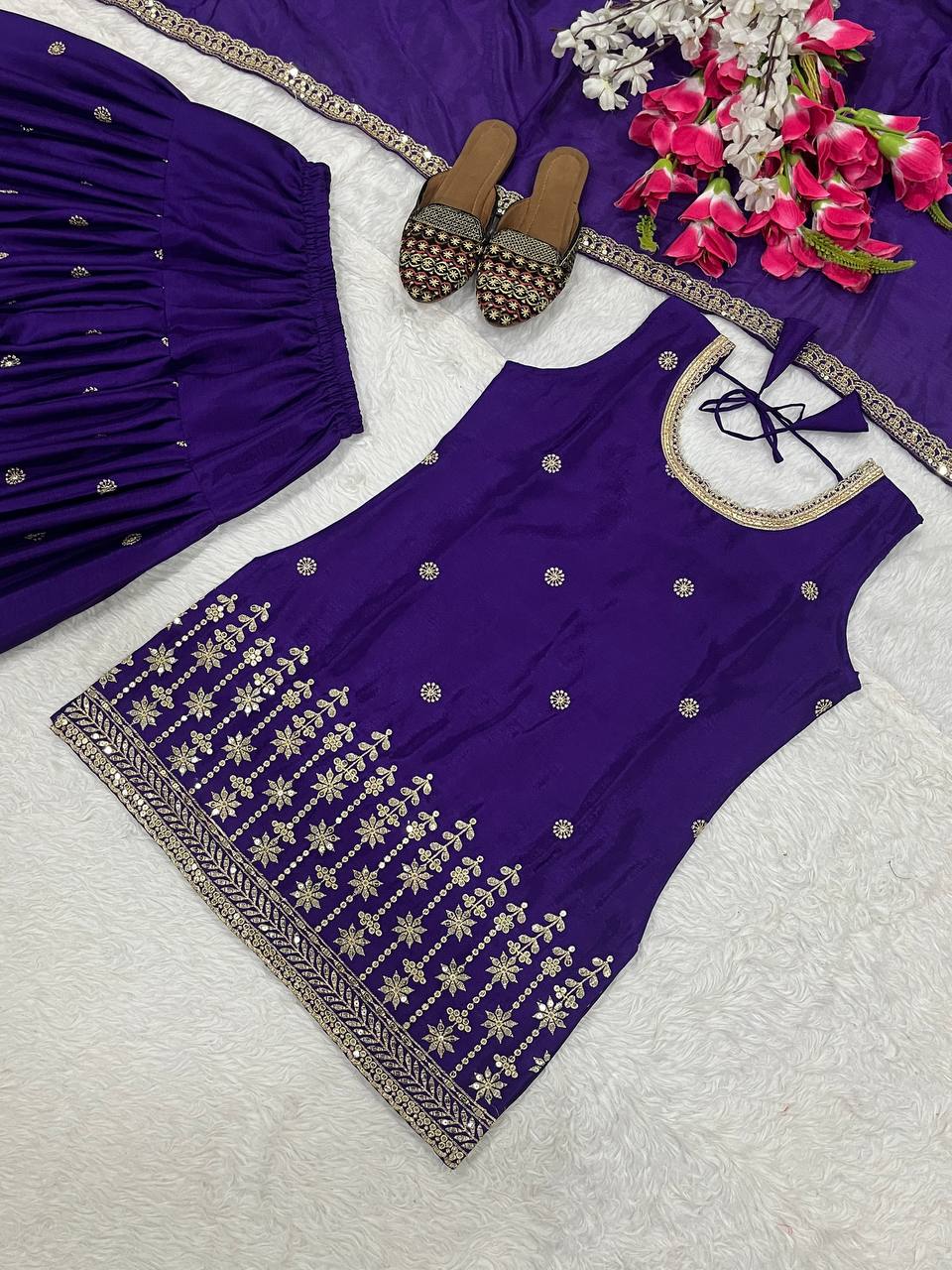 Exclusive Purple Color Embroidery Sequence Work Dhoti Suit