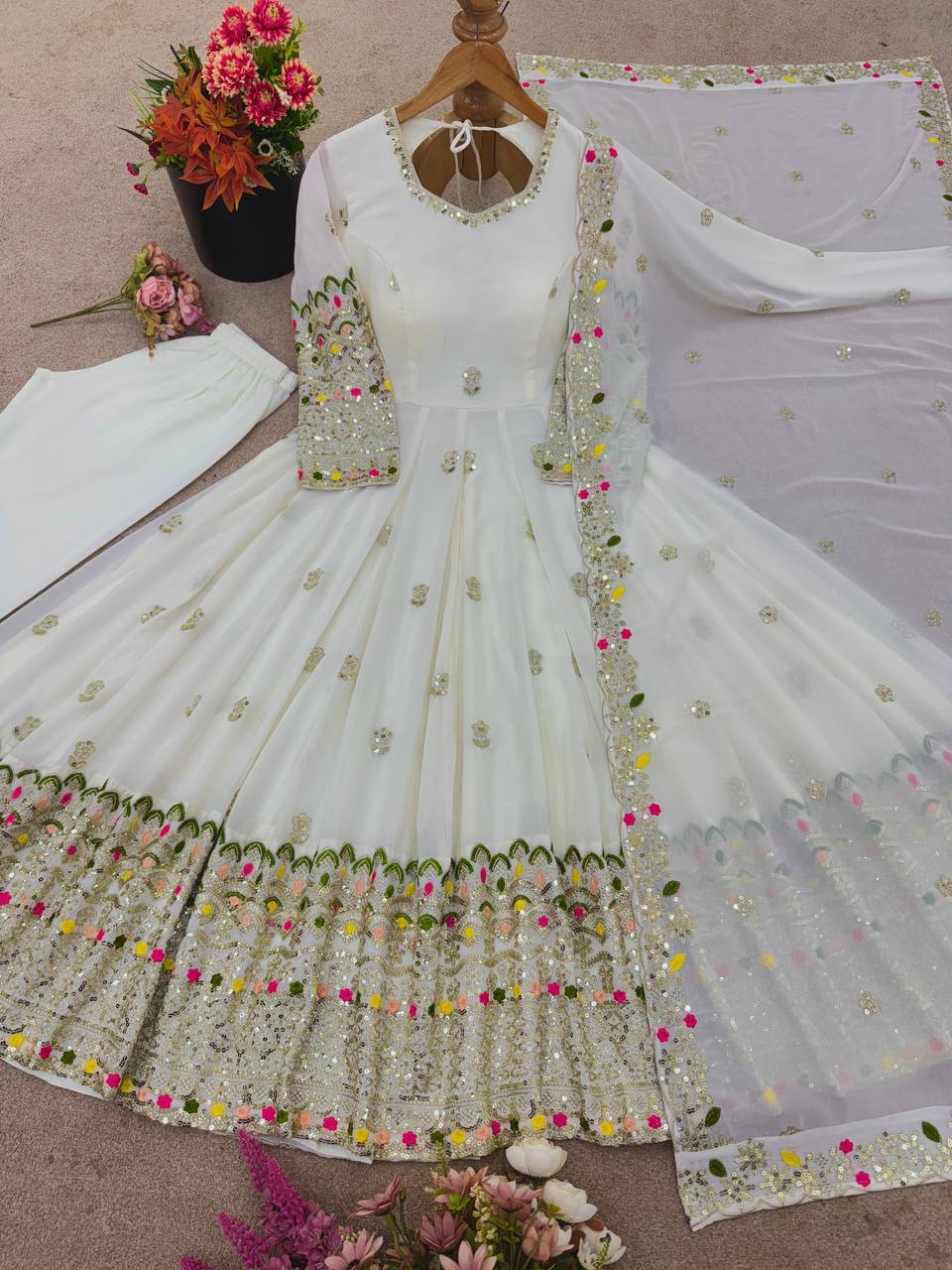 Beautiful White Color Embroidery Work Georgette Gown