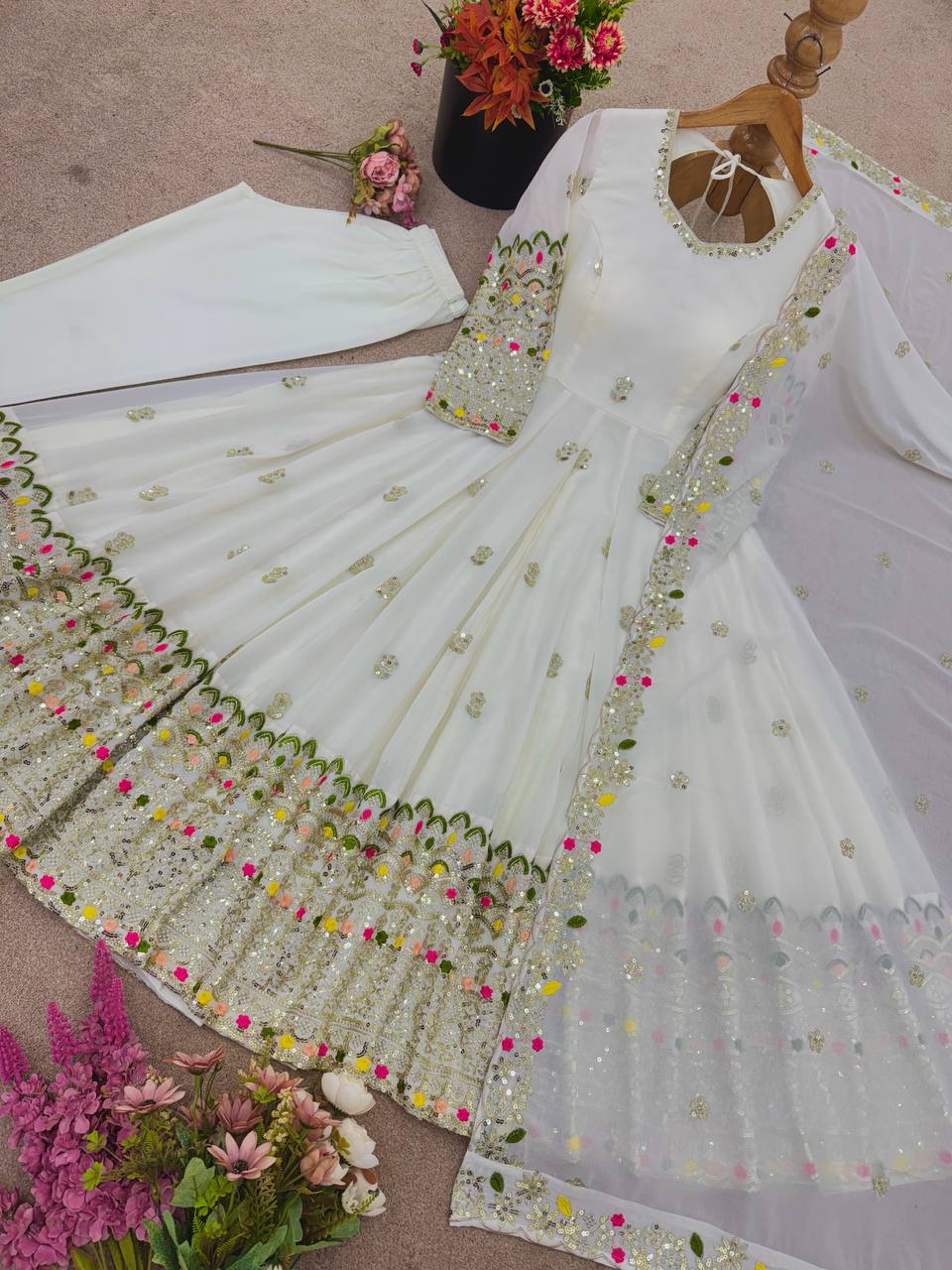 Beautiful White Color Embroidery Work Georgette Gown