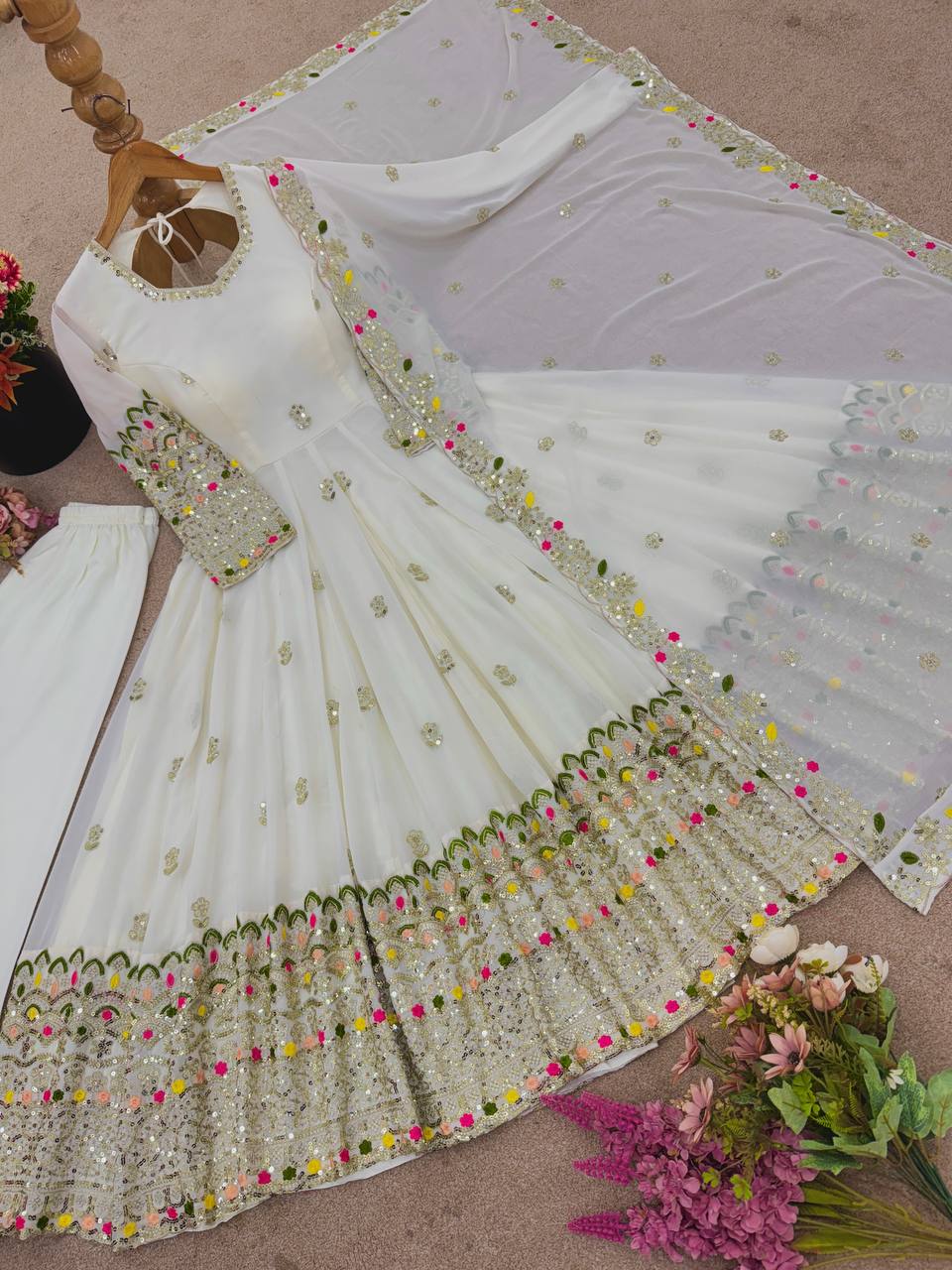 Beautiful White Color Embroidery Work Georgette Gown
