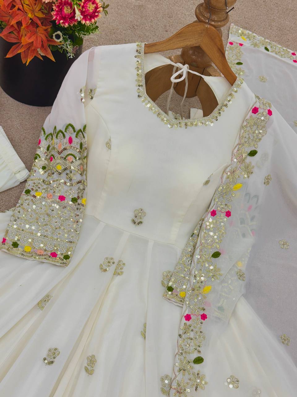 Beautiful White Color Embroidery Work Georgette Gown
