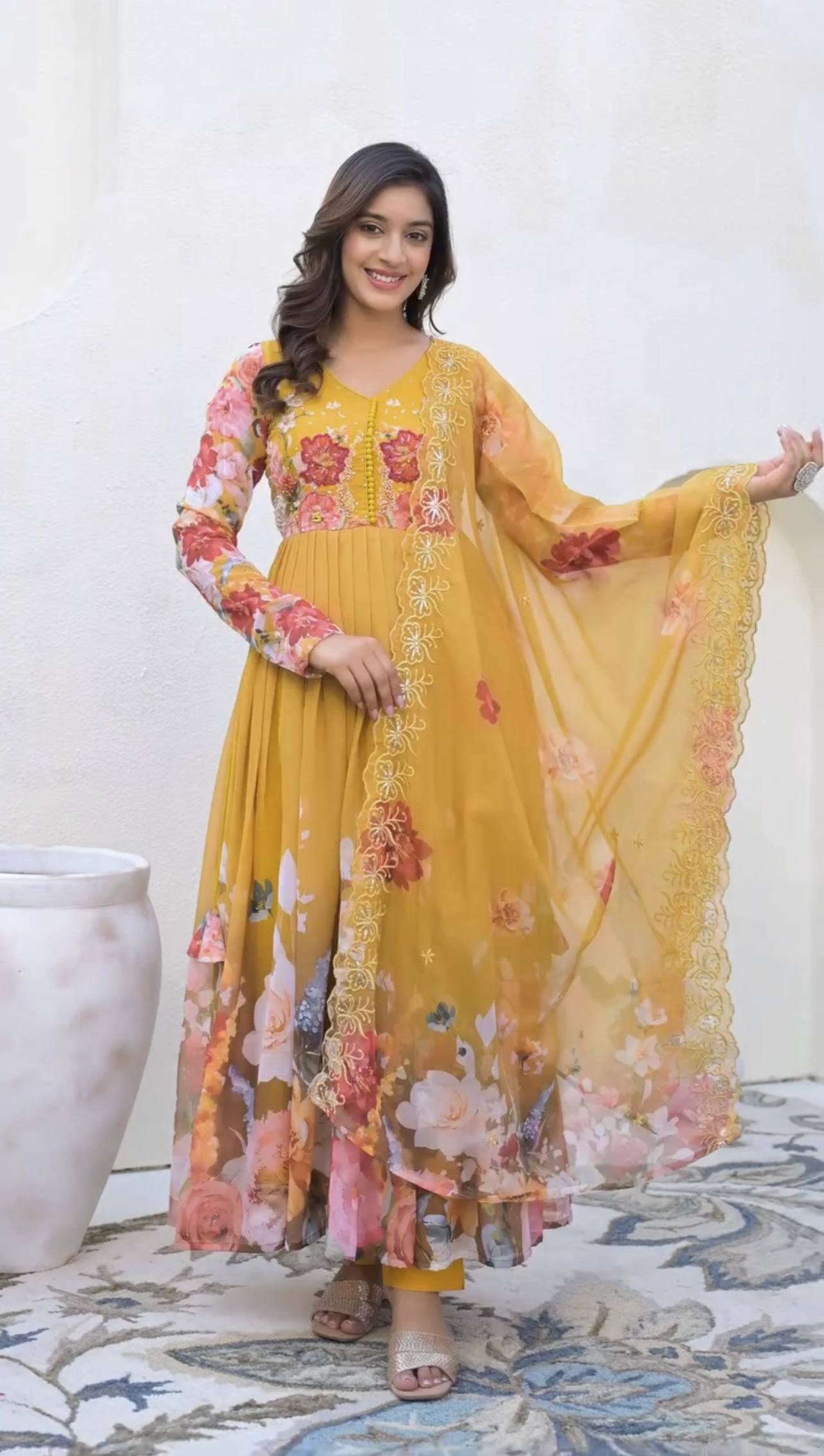 Glorious Yellow Color Sequence Work Georgette Gown
