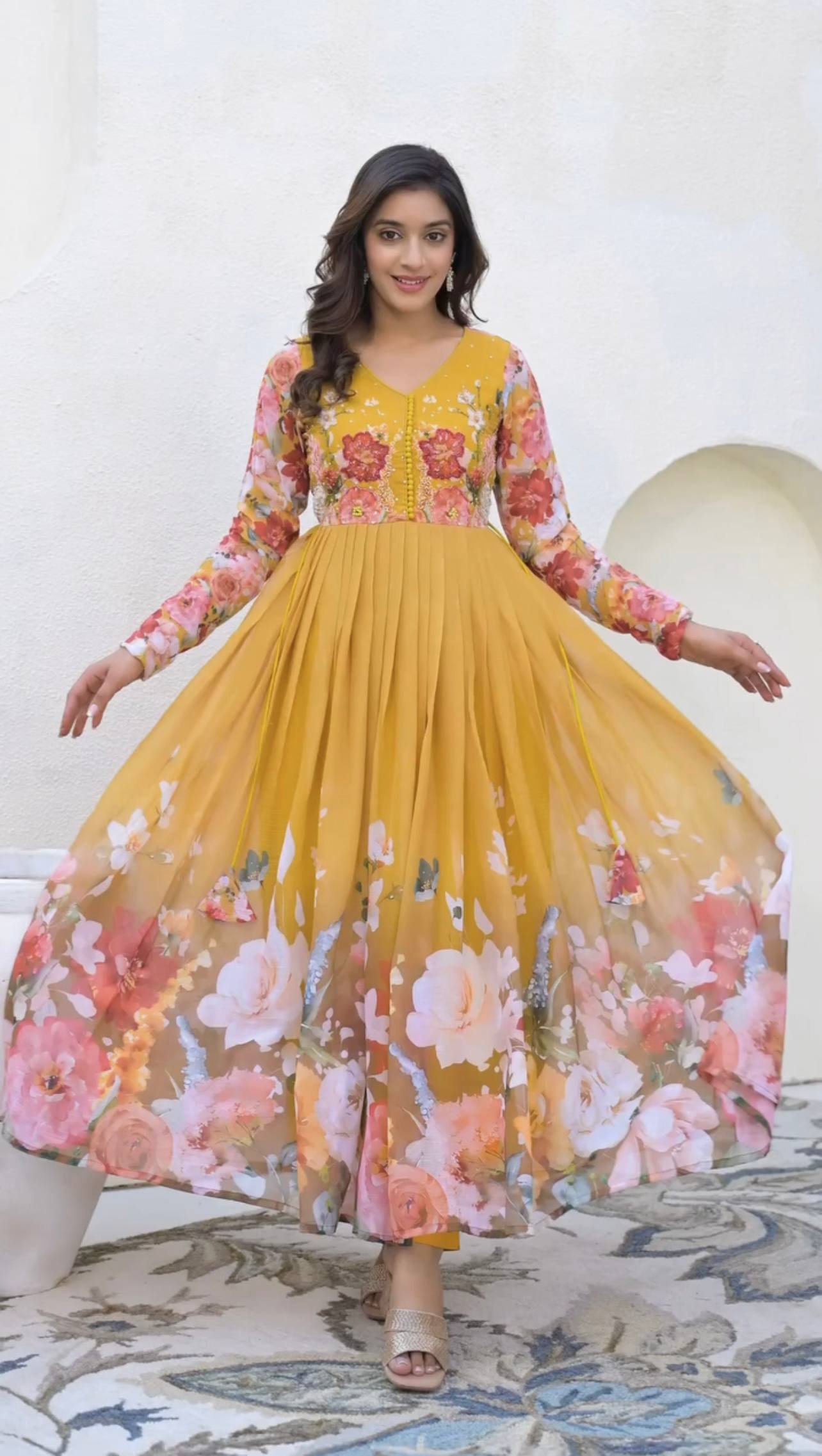 Glorious Yellow Color Sequence Work Georgette Gown