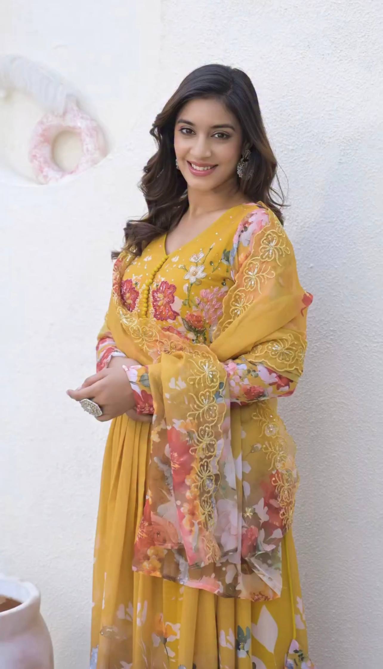 Glorious Yellow Color Sequence Work Georgette Gown