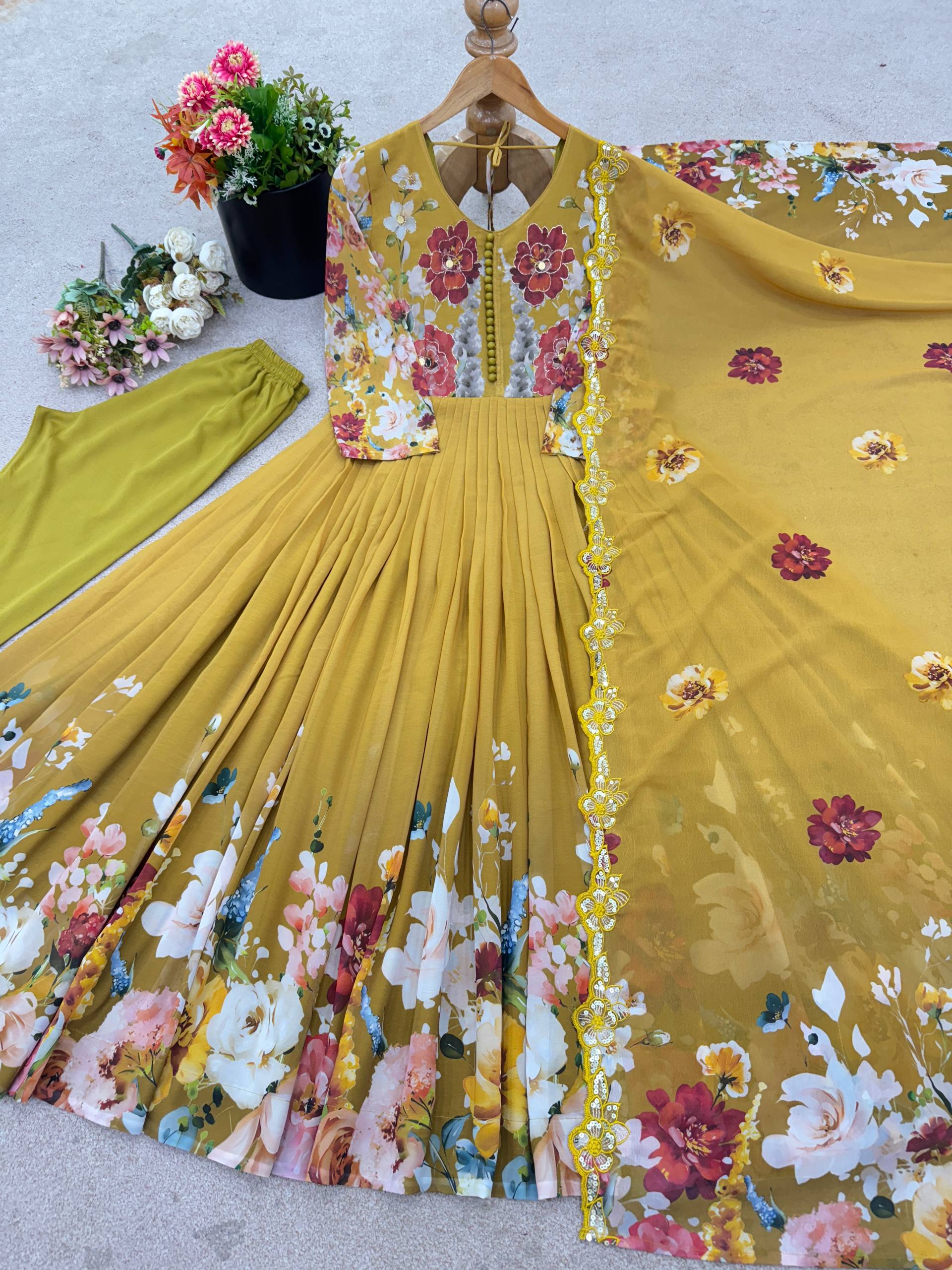 Glorious Yellow Color Sequence Work Georgette Gown