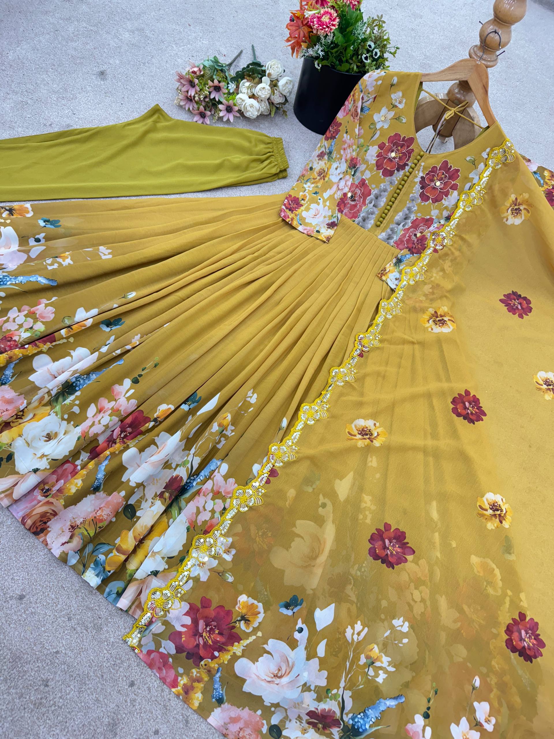 Glorious Yellow Color Sequence Work Georgette Gown
