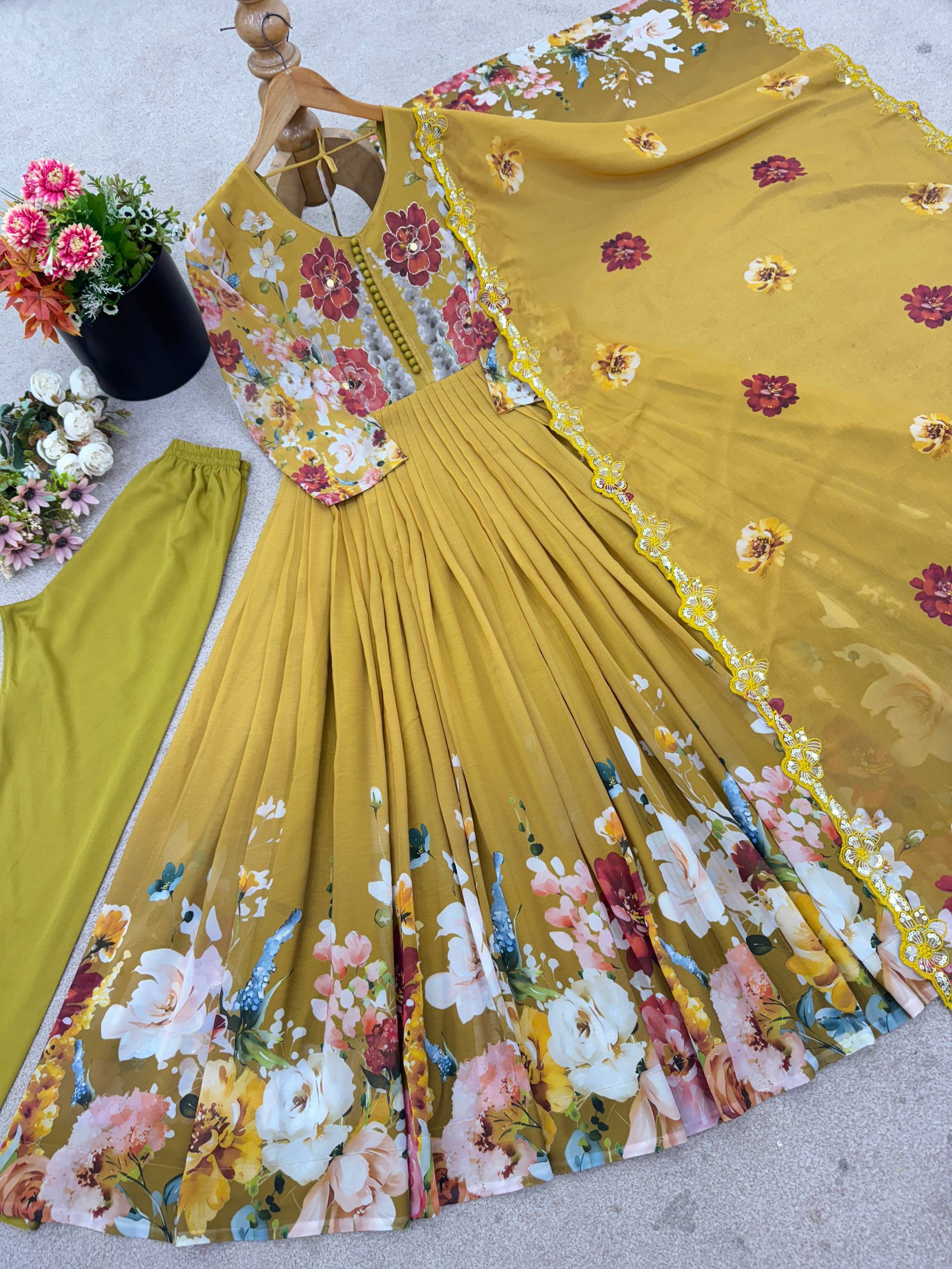 Glorious Yellow Color Sequence Work Georgette Gown