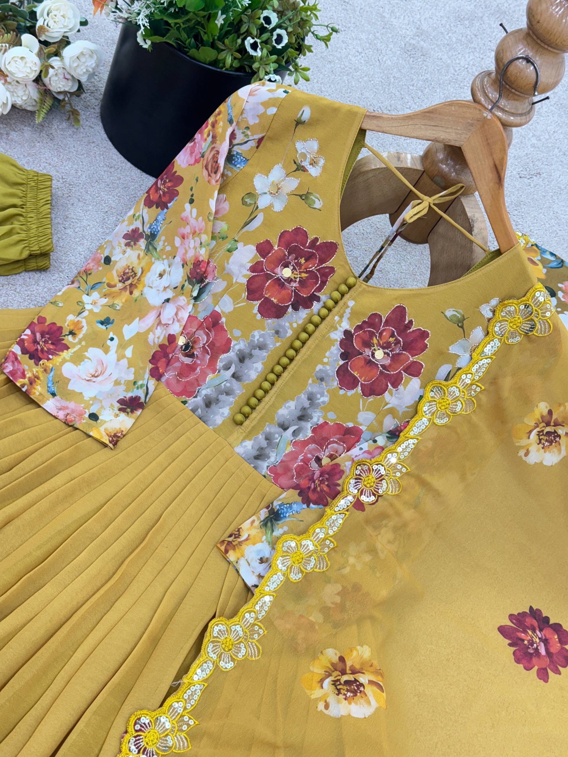 Glorious Yellow Color Sequence Work Georgette Gown