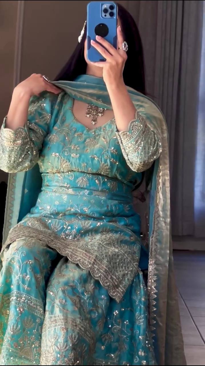 Marvelous Green Color Sequence Work Sharara Suit