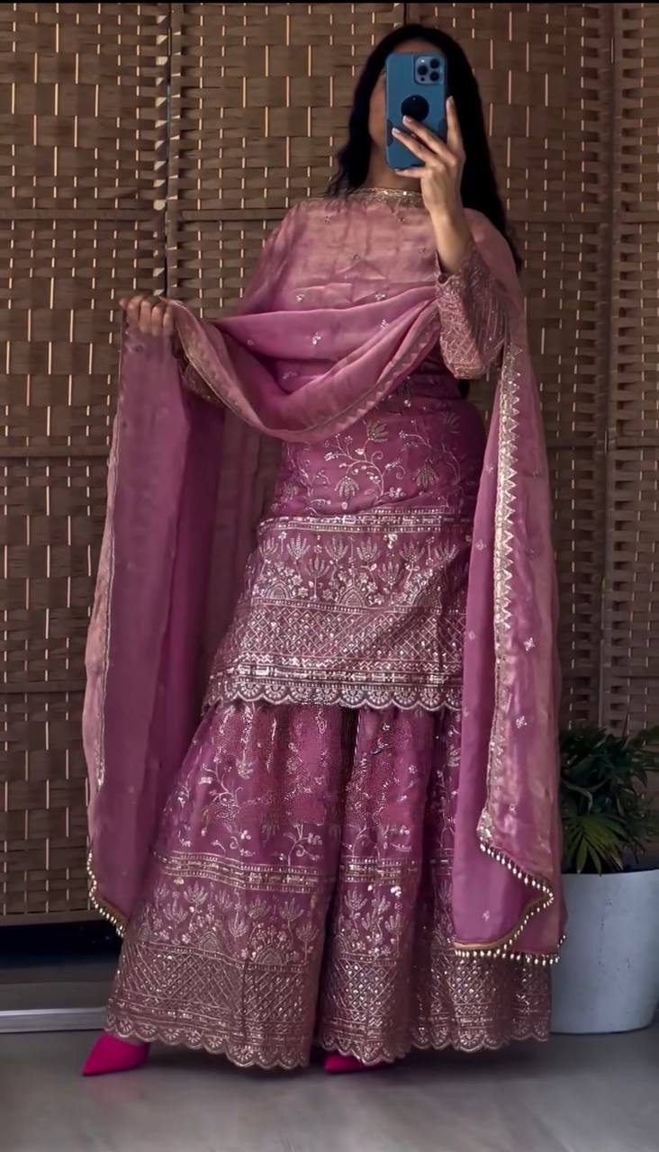 Marvelous Green Color Sequence Work Sharara Suit