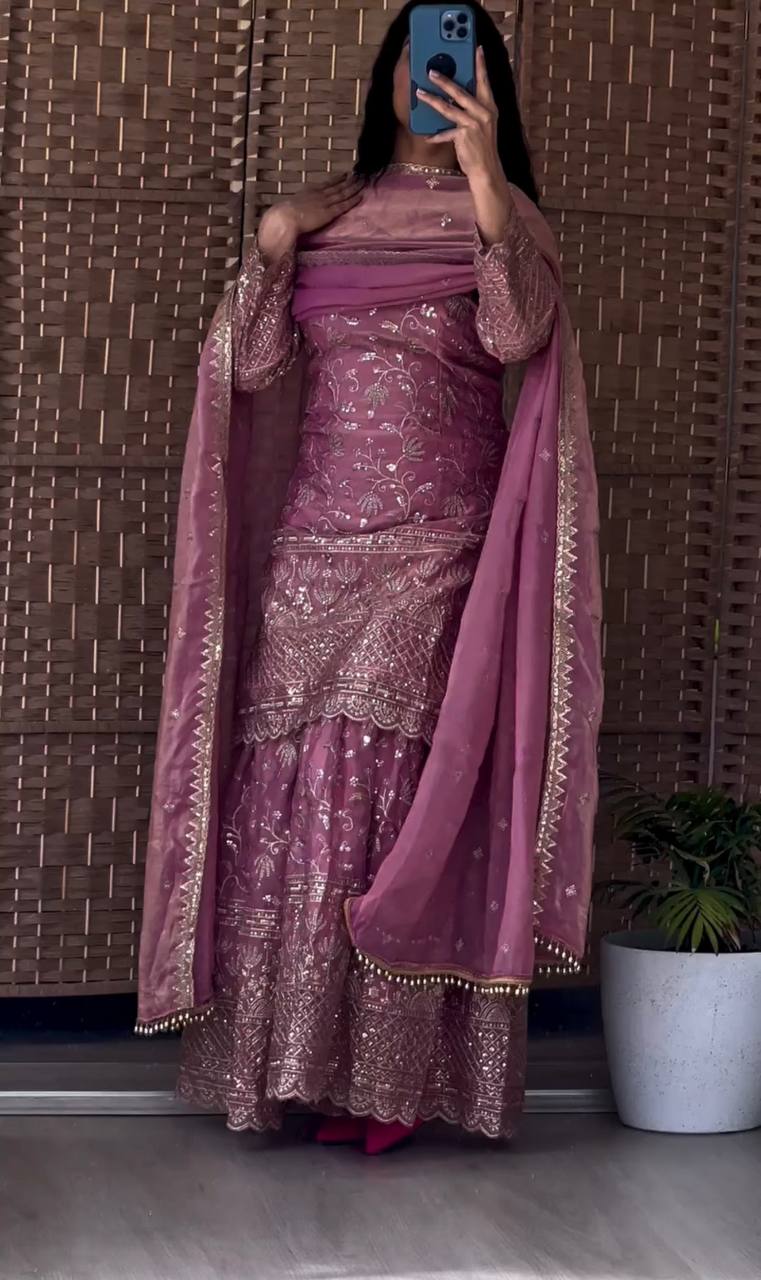 Marvelous Green Color Sequence Work Sharara Suit