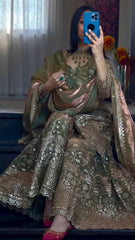 Marvelous Green Color Sequence Work Sharara Suit