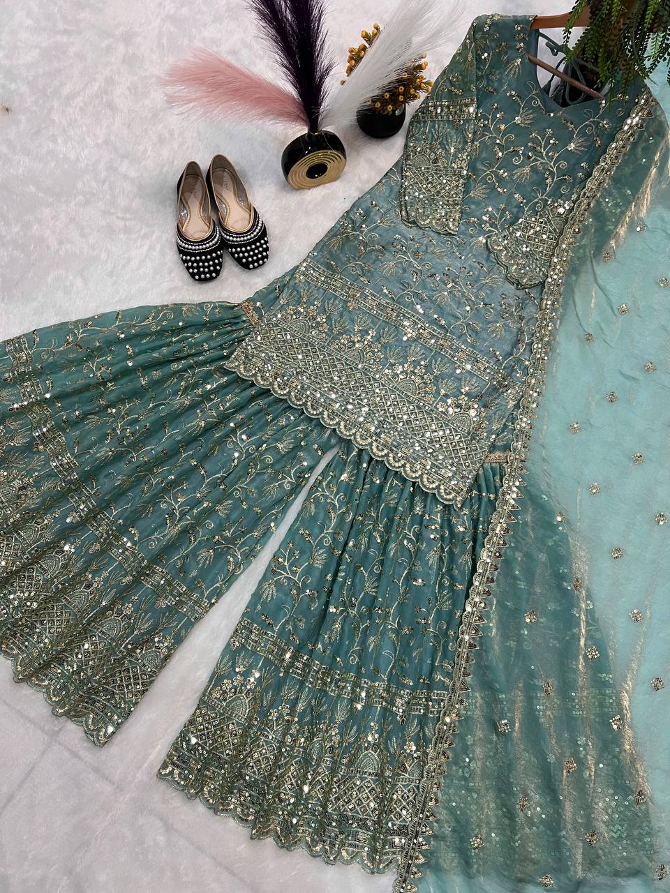 Marvelous Green Color Sequence Work Sharara Suit
