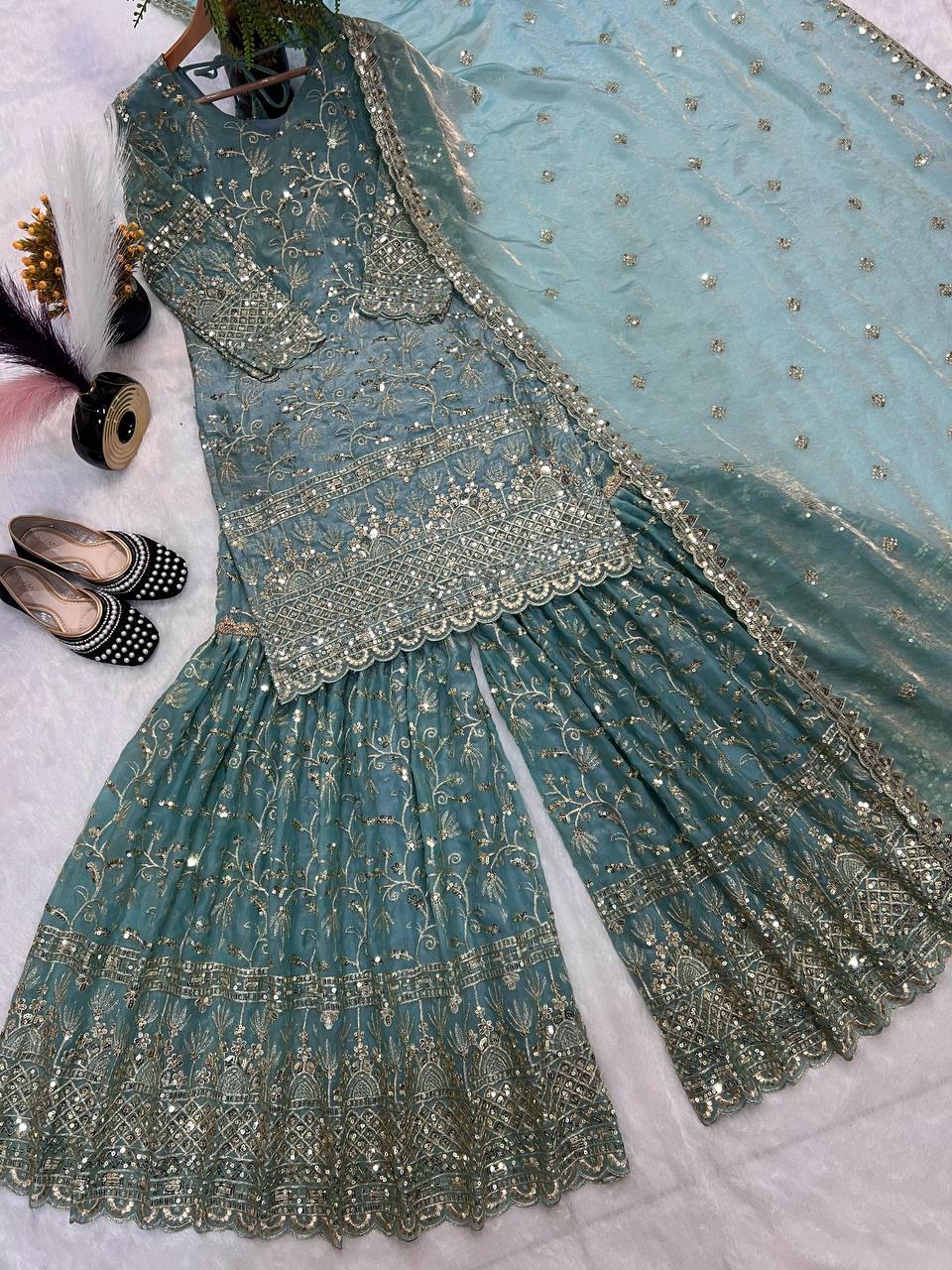 Marvelous Green Color Sequence Work Sharara Suit