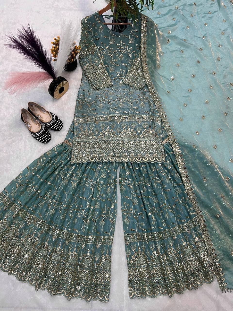 Marvelous Green Color Sequence Work Sharara Suit