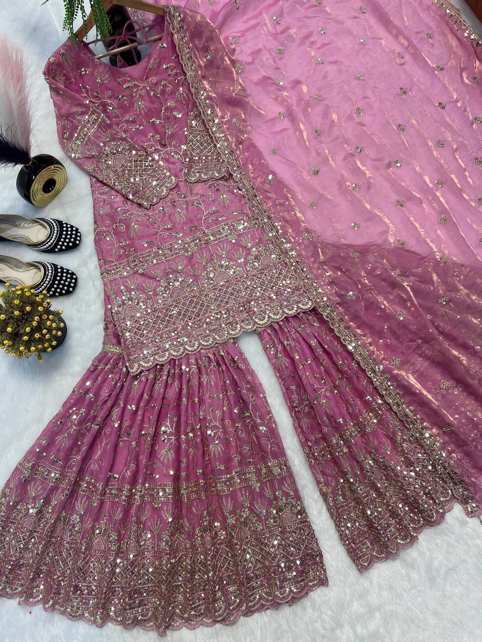Marvelous Green Color Sequence Work Sharara Suit