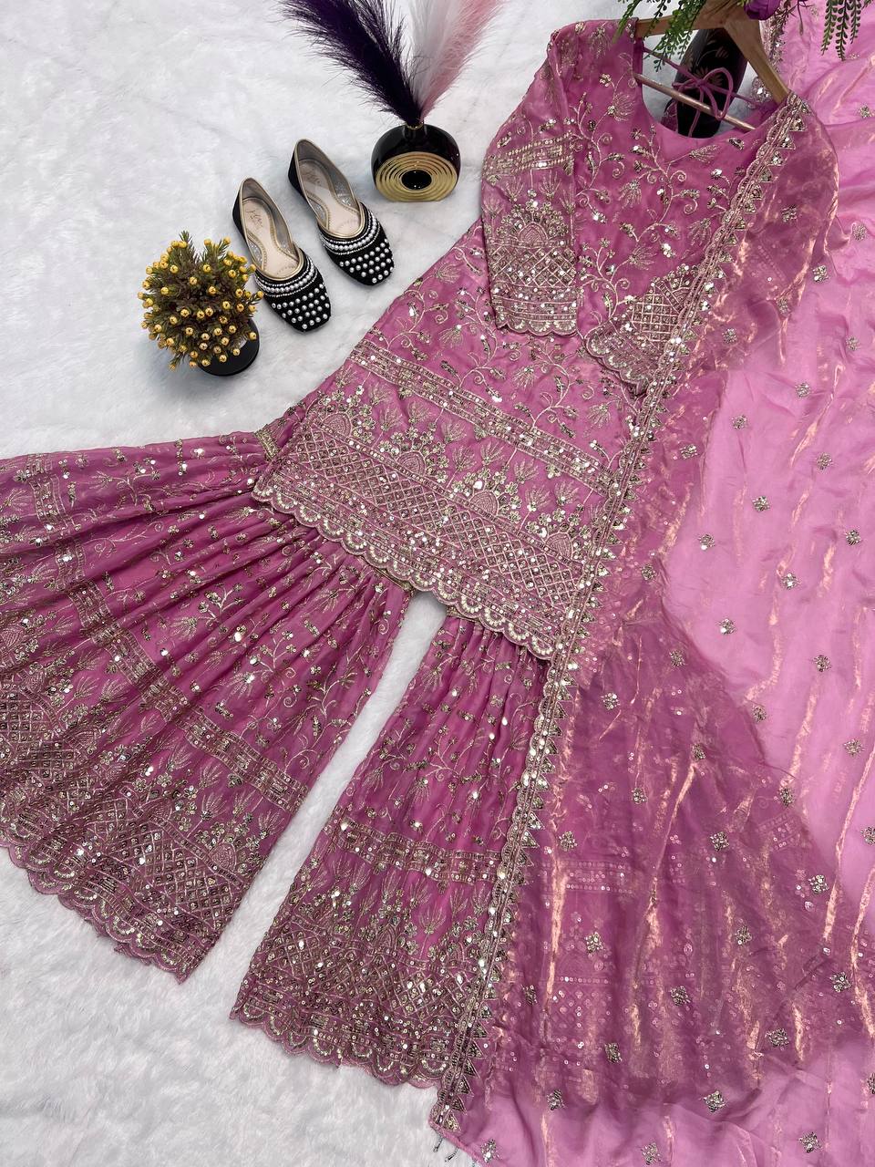 Marvelous Green Color Sequence Work Sharara Suit