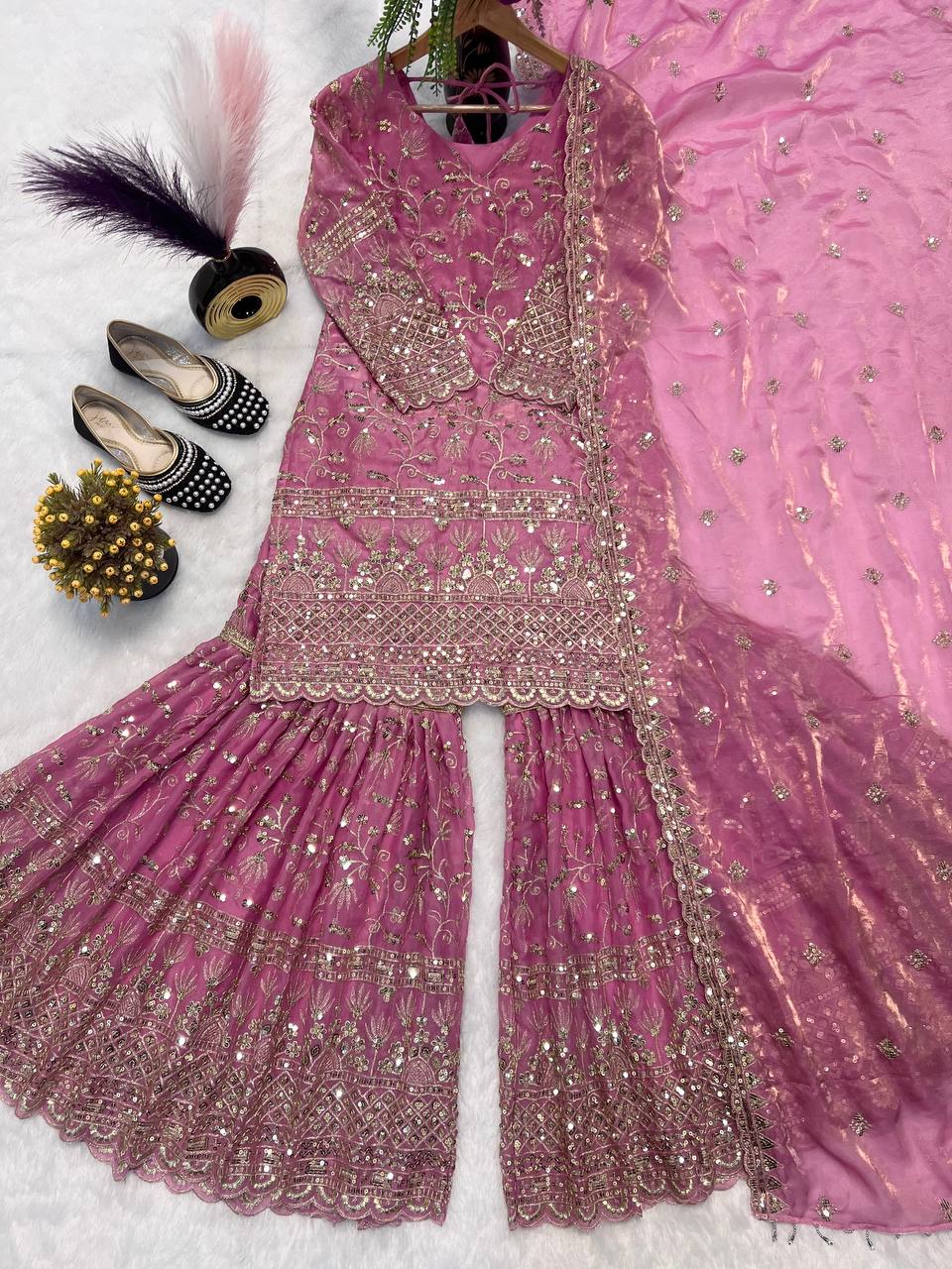 Marvelous Green Color Sequence Work Sharara Suit