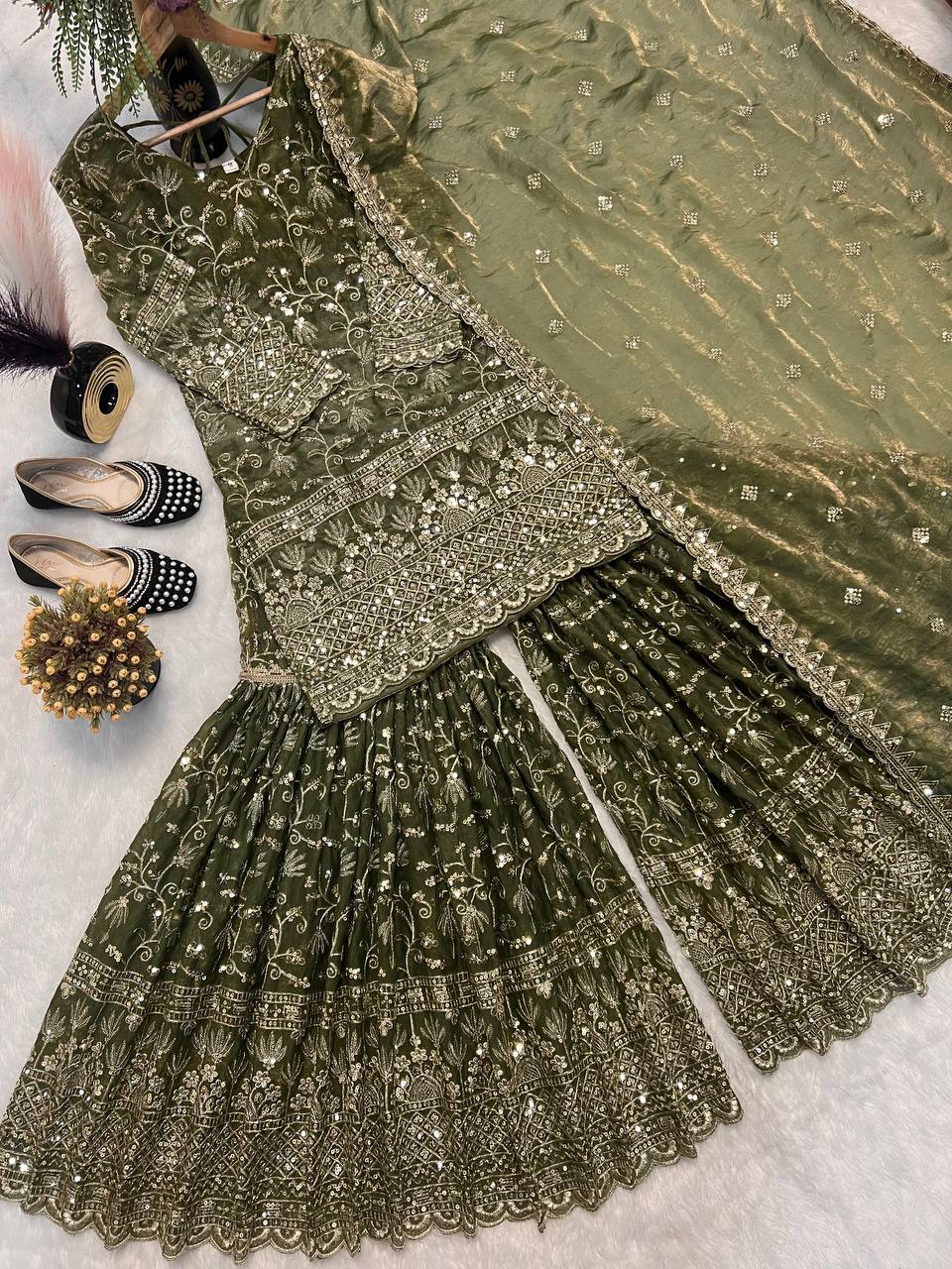 Marvelous Green Color Sequence Work Sharara Suit