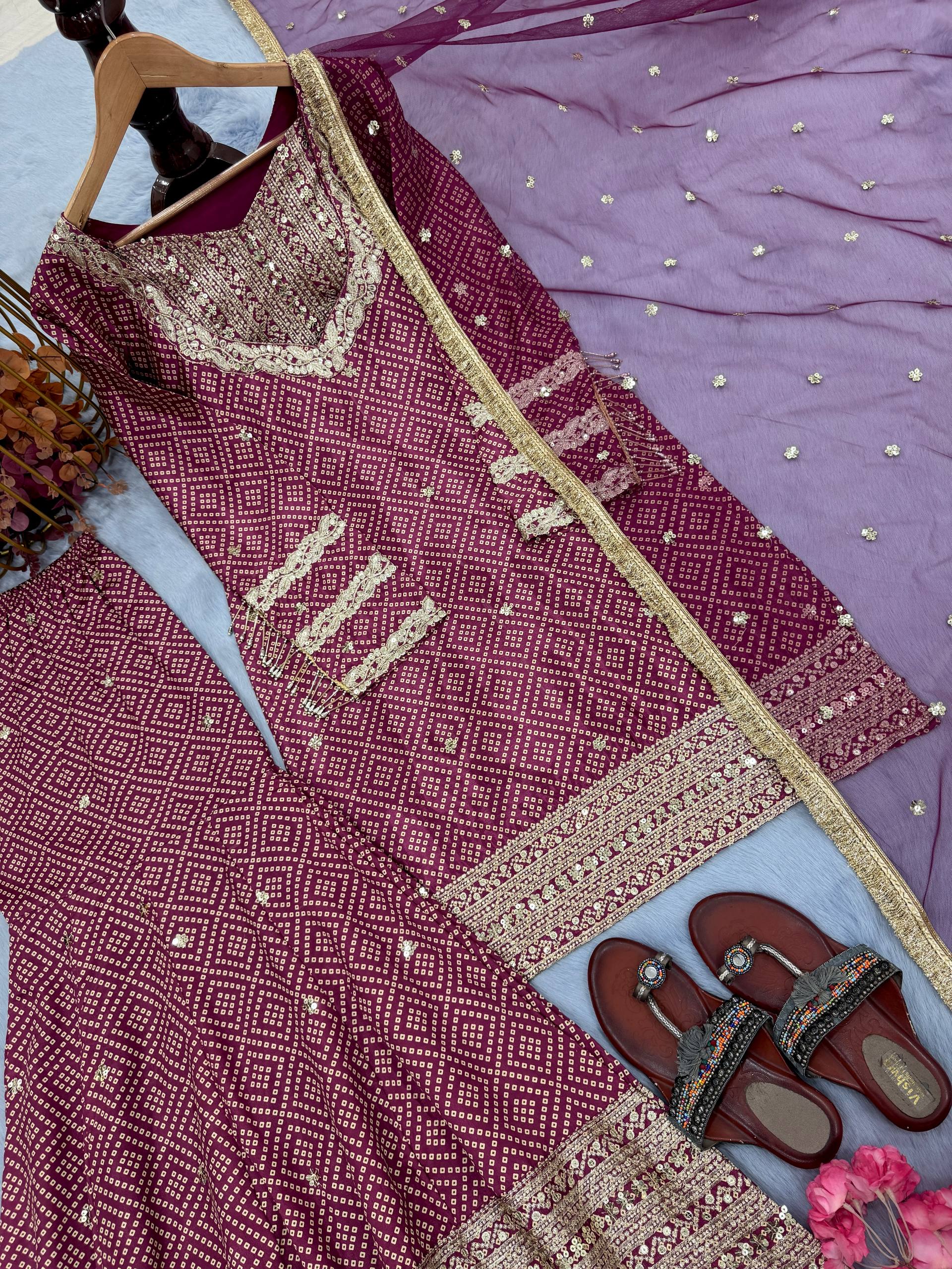 Precious Maroon Chinon Silk Sequence Work Sharara Suit