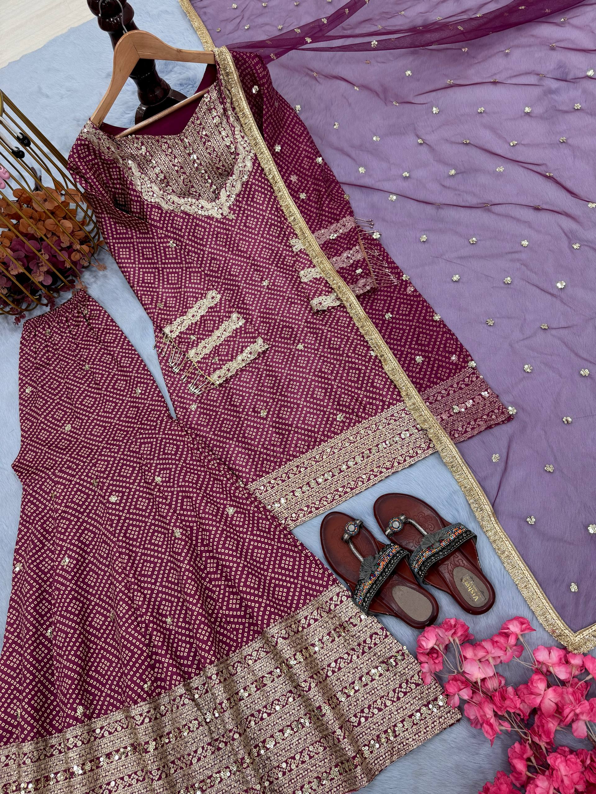 Precious Maroon Chinon Silk Sequence Work Sharara Suit