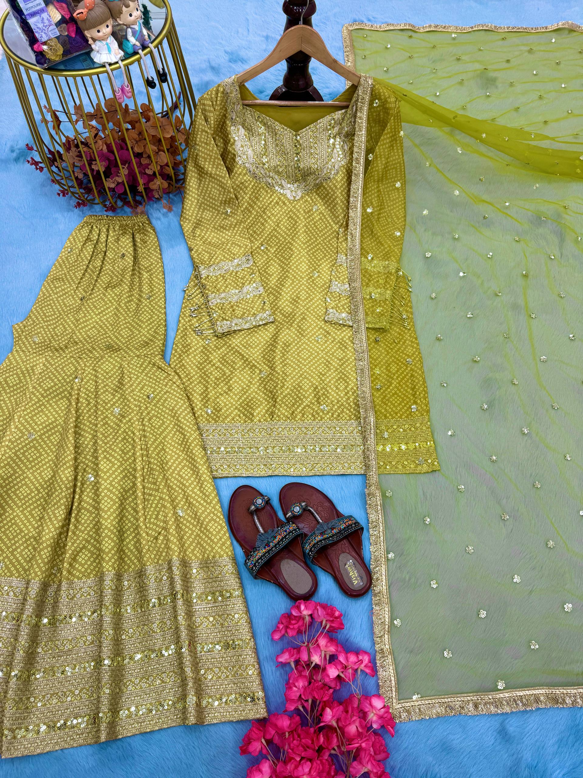 Precious Maroon Chinon Silk Sequence Work Sharara Suit