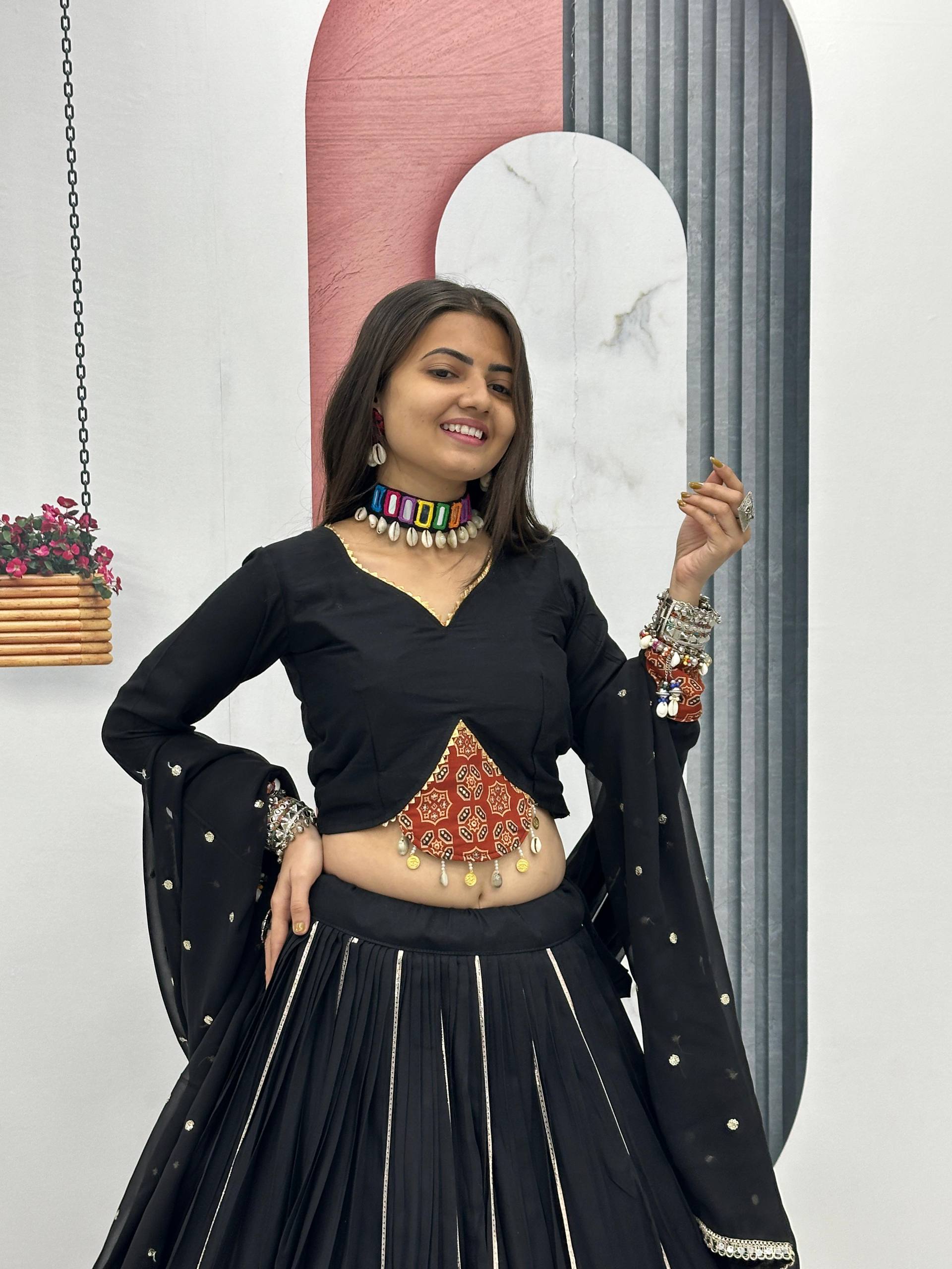 Marvelous Black Color Ajrakh Print Lehenga Choli For Navratri
