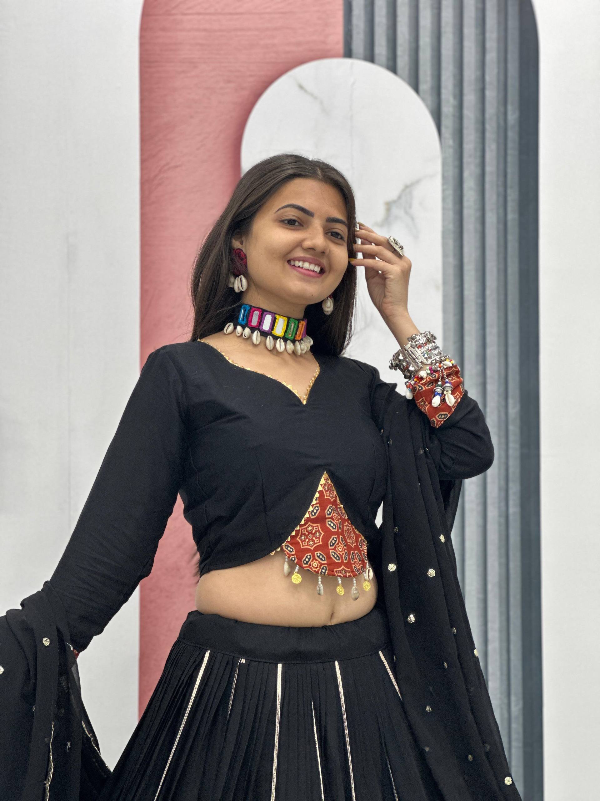 Marvelous Black Color Ajrakh Print Lehenga Choli For Navratri