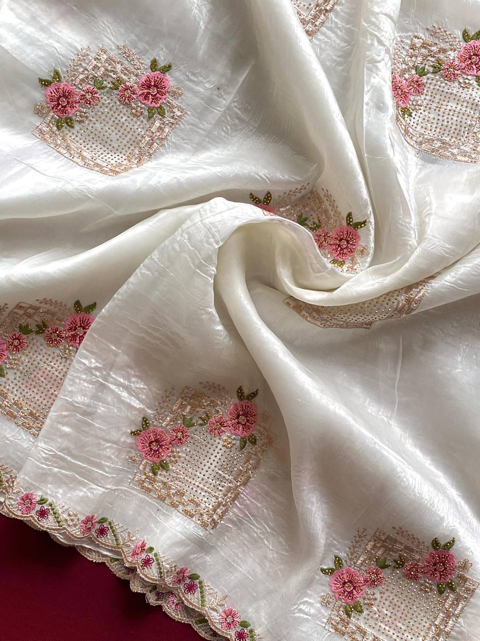 Lovely White Color Embroidery Work Saree