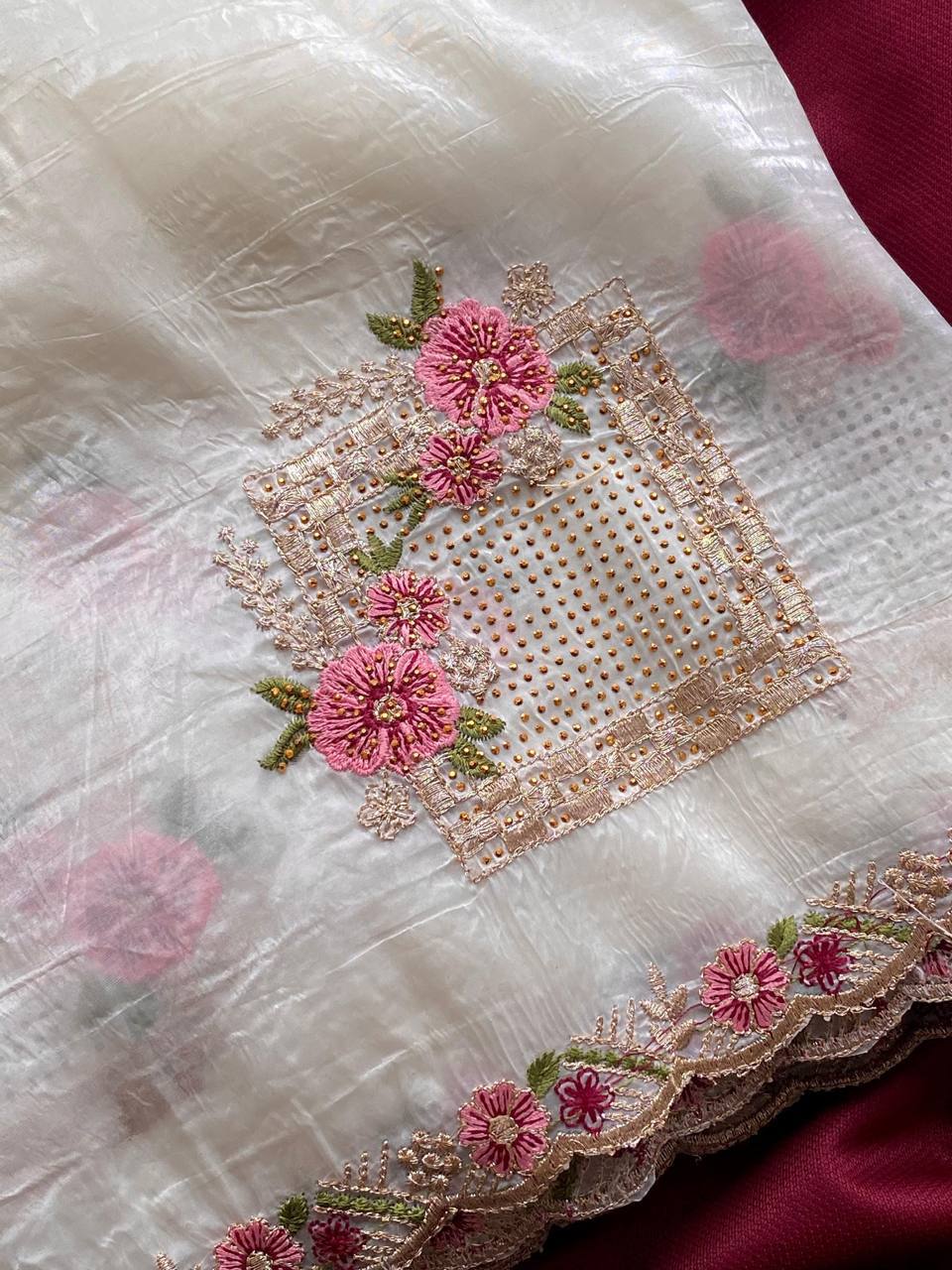 Lovely White Color Embroidery Work Saree