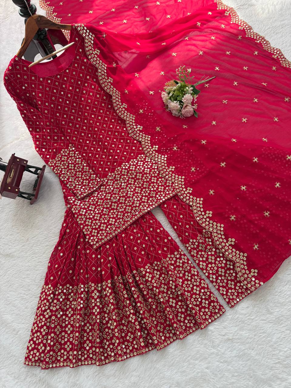 Pretty Red Color Thread Work Georgette Sharara Suit